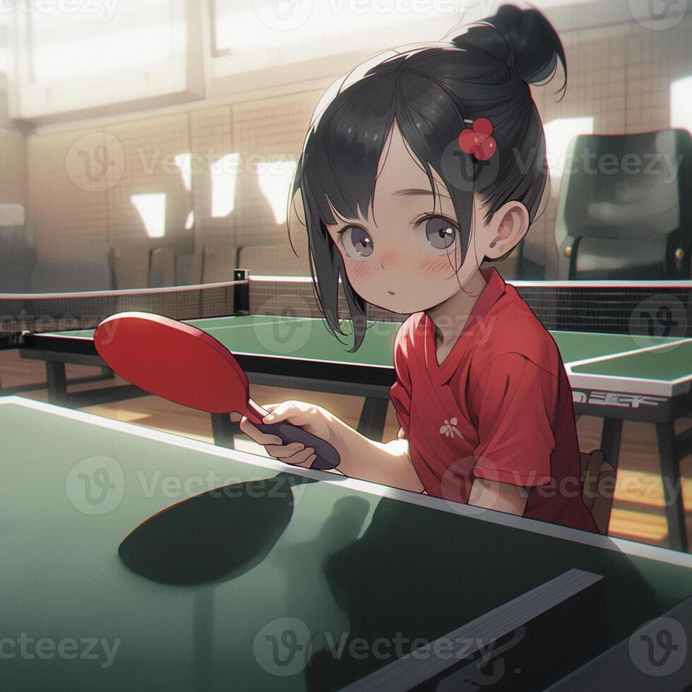 anime girl holding a ping pong paddle in front of a table