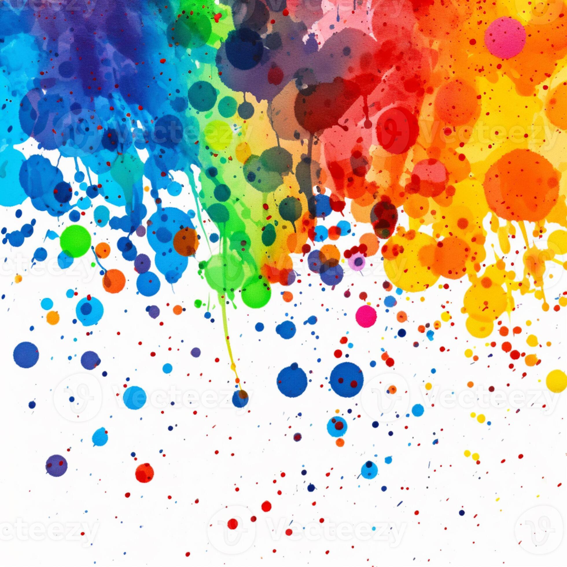 brightly colored paint splatters are scattered on a white surface