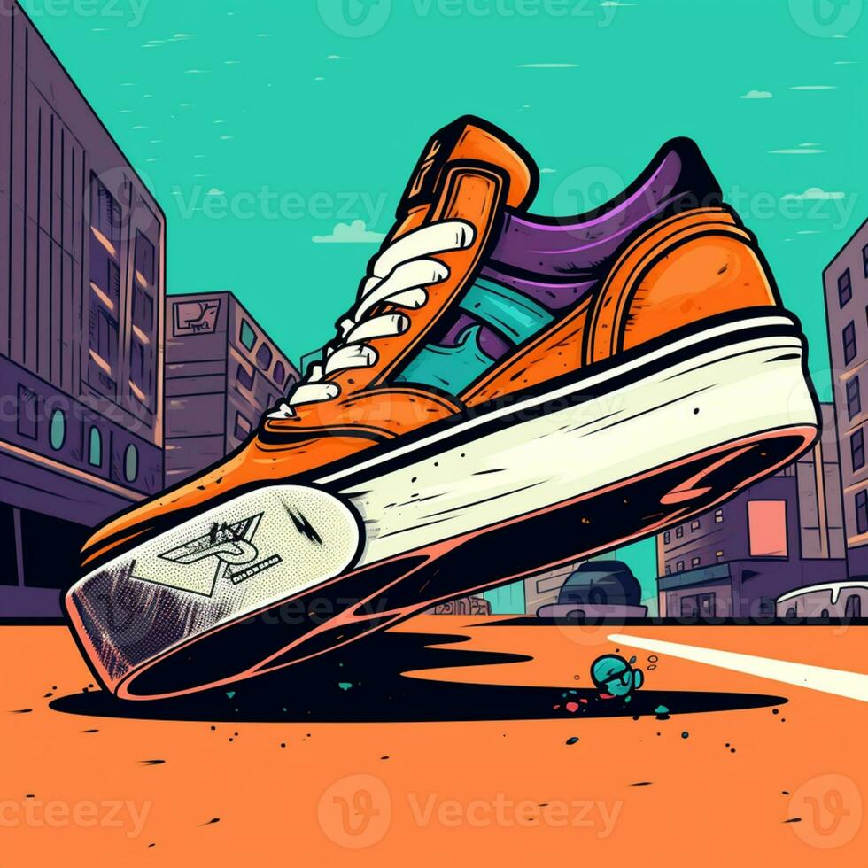 illustration of a sneaker falling off a skateboard in a city ...