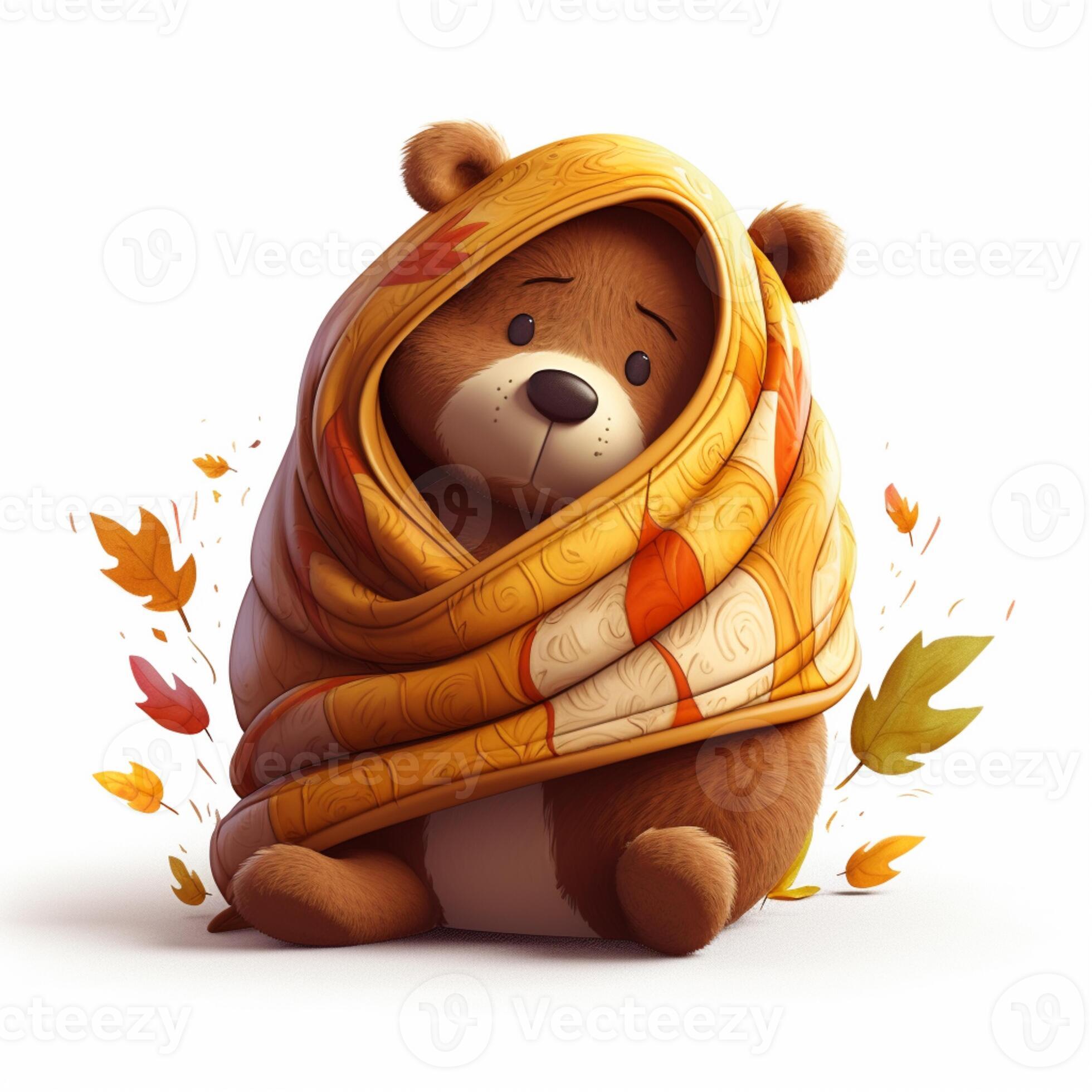 there is a teddy bear wrapped in a blanket and sitting on the ground