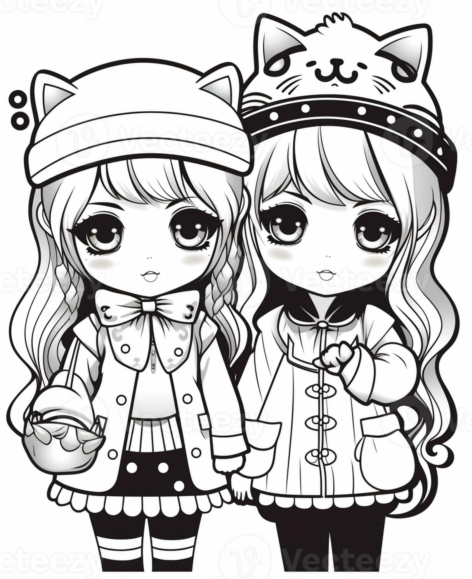 two anime girls with hats and coats standing next to each other ...