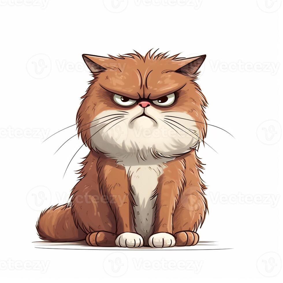 Angry furry cartoon cat. Cute grumpy cat for prints, design, cards