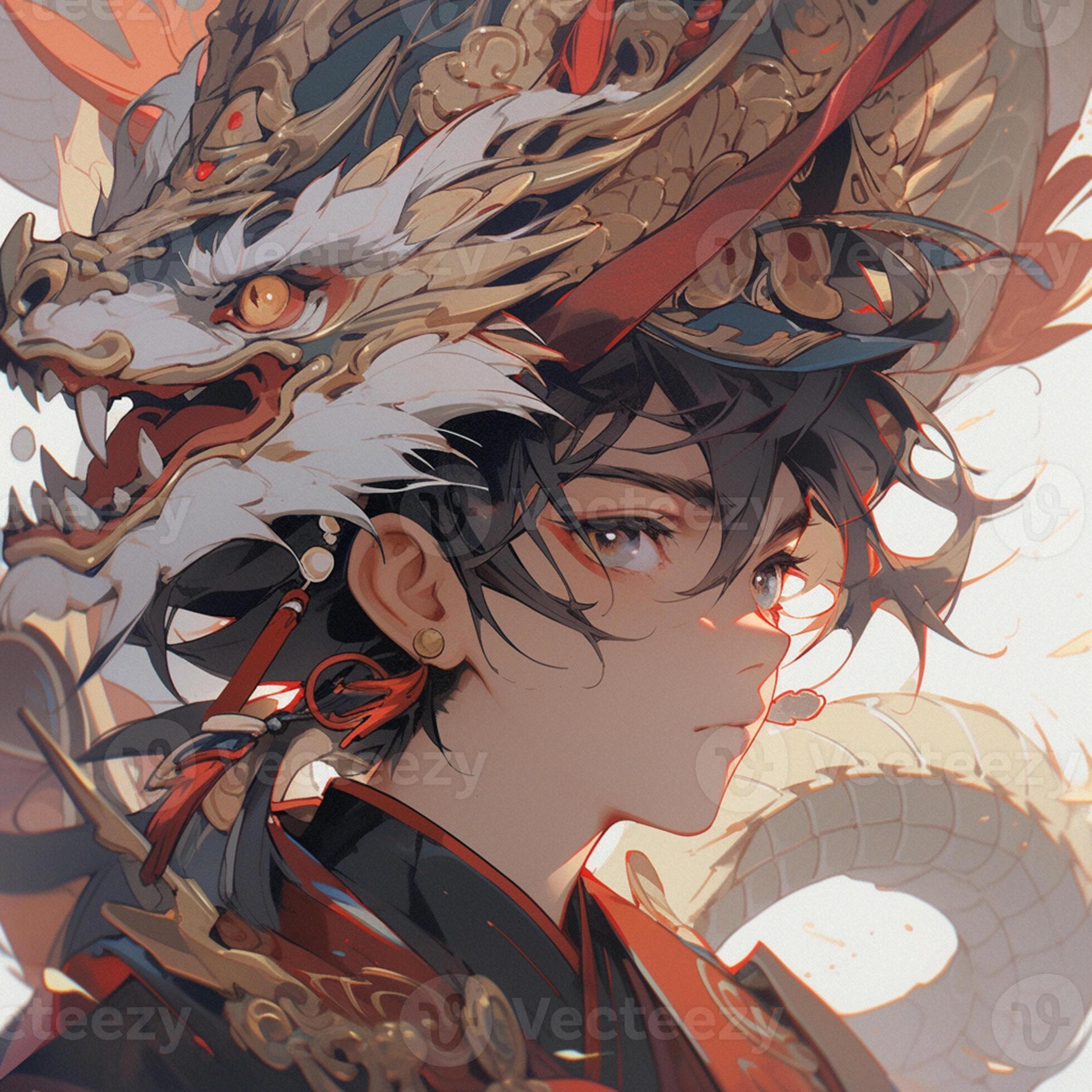 anime character with dragon head and red and black hair