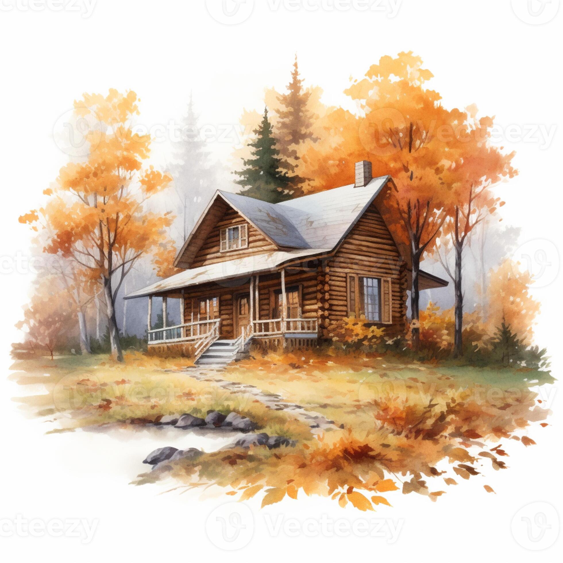 painting of a log cabin in the woods with a pathway leading to it
