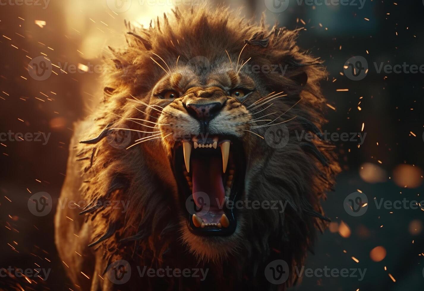 Premium AI Image  A lion roars with his mouth open.