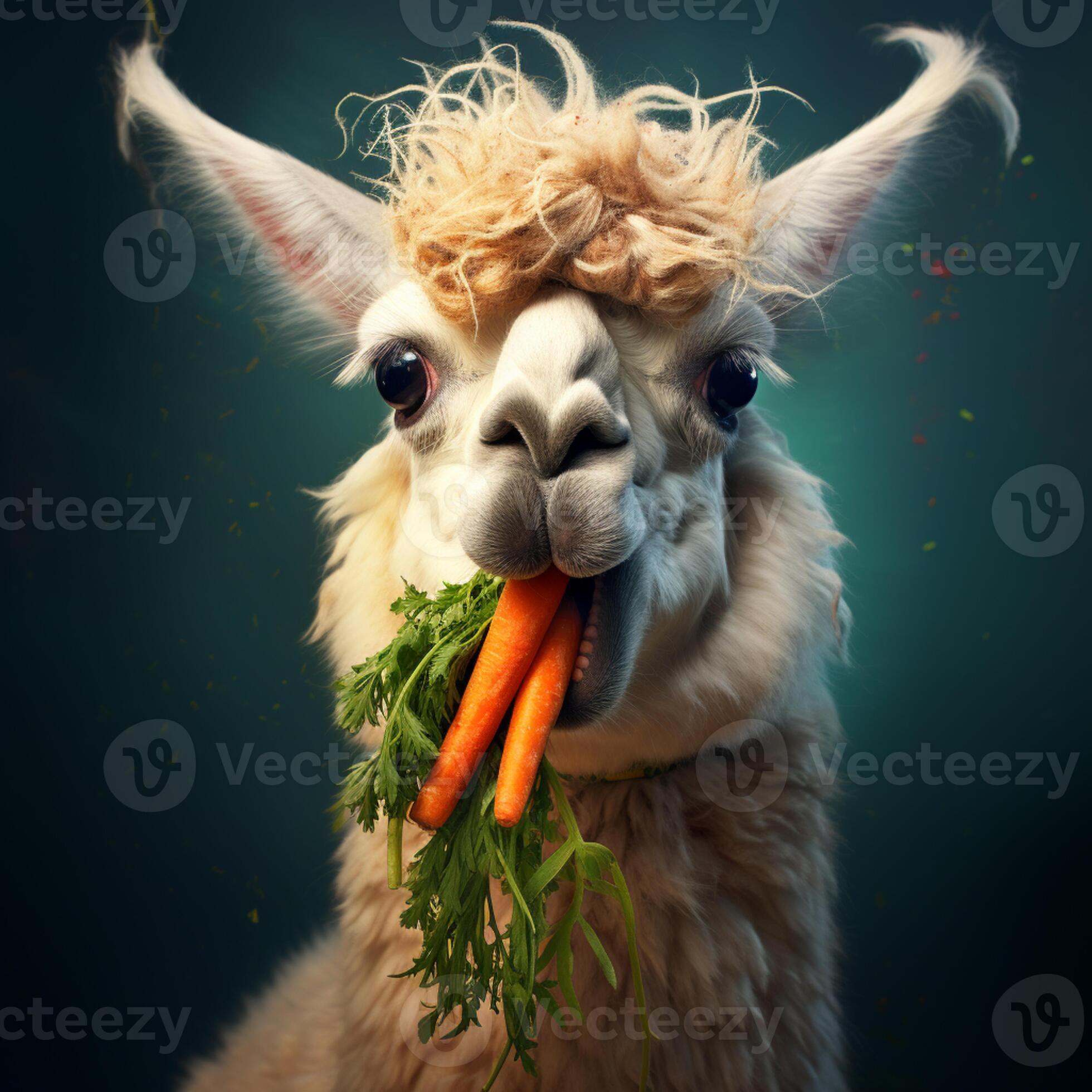 there is a llama with a bunch of carrots in its mouth. generative ai