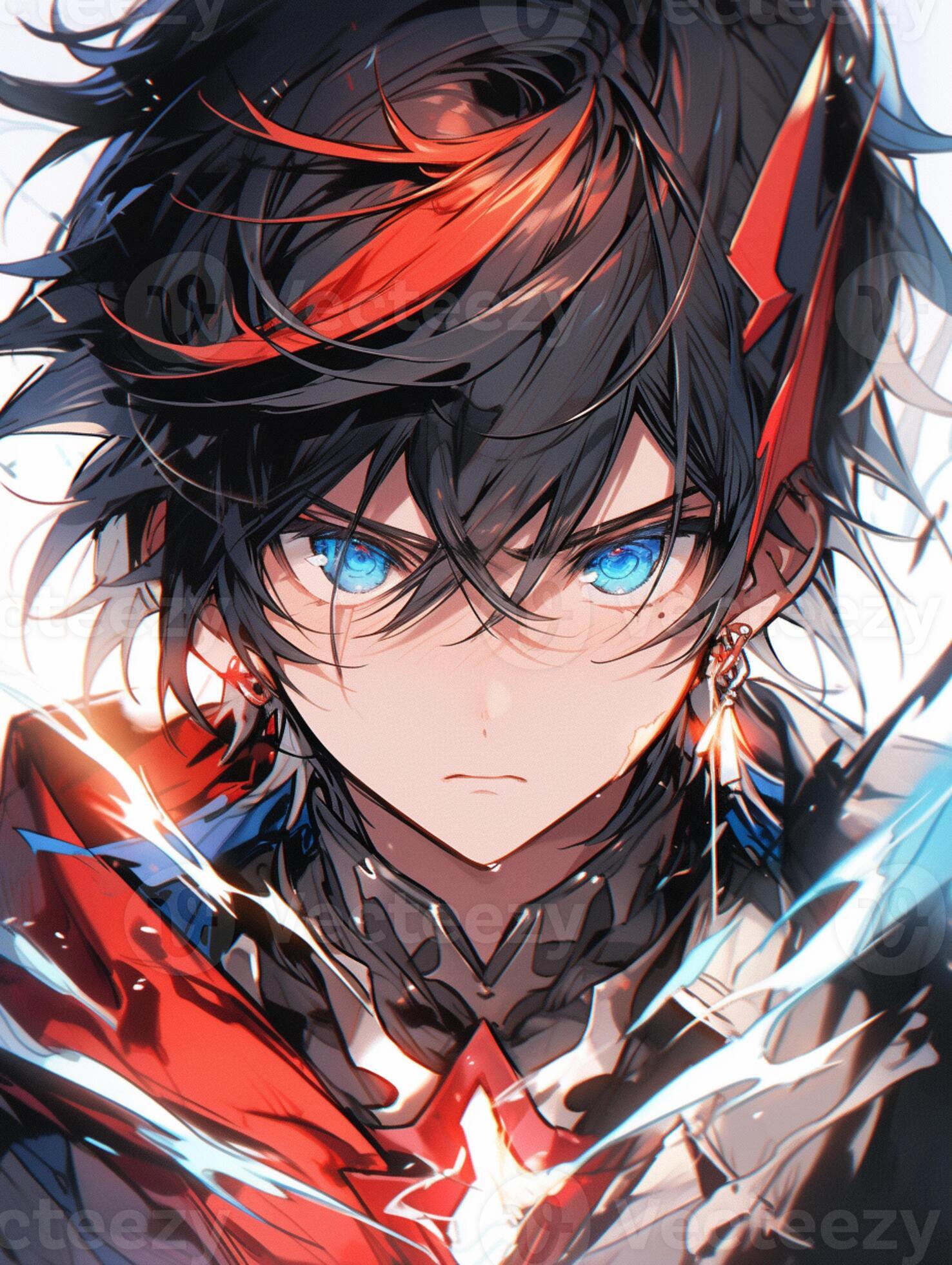 anime boy with red hair and blue eyes holding a sword. generative