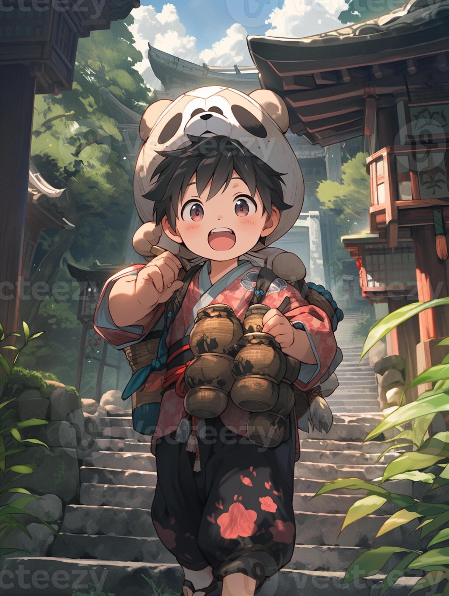 anime character with backpack and teddy bear in different poses