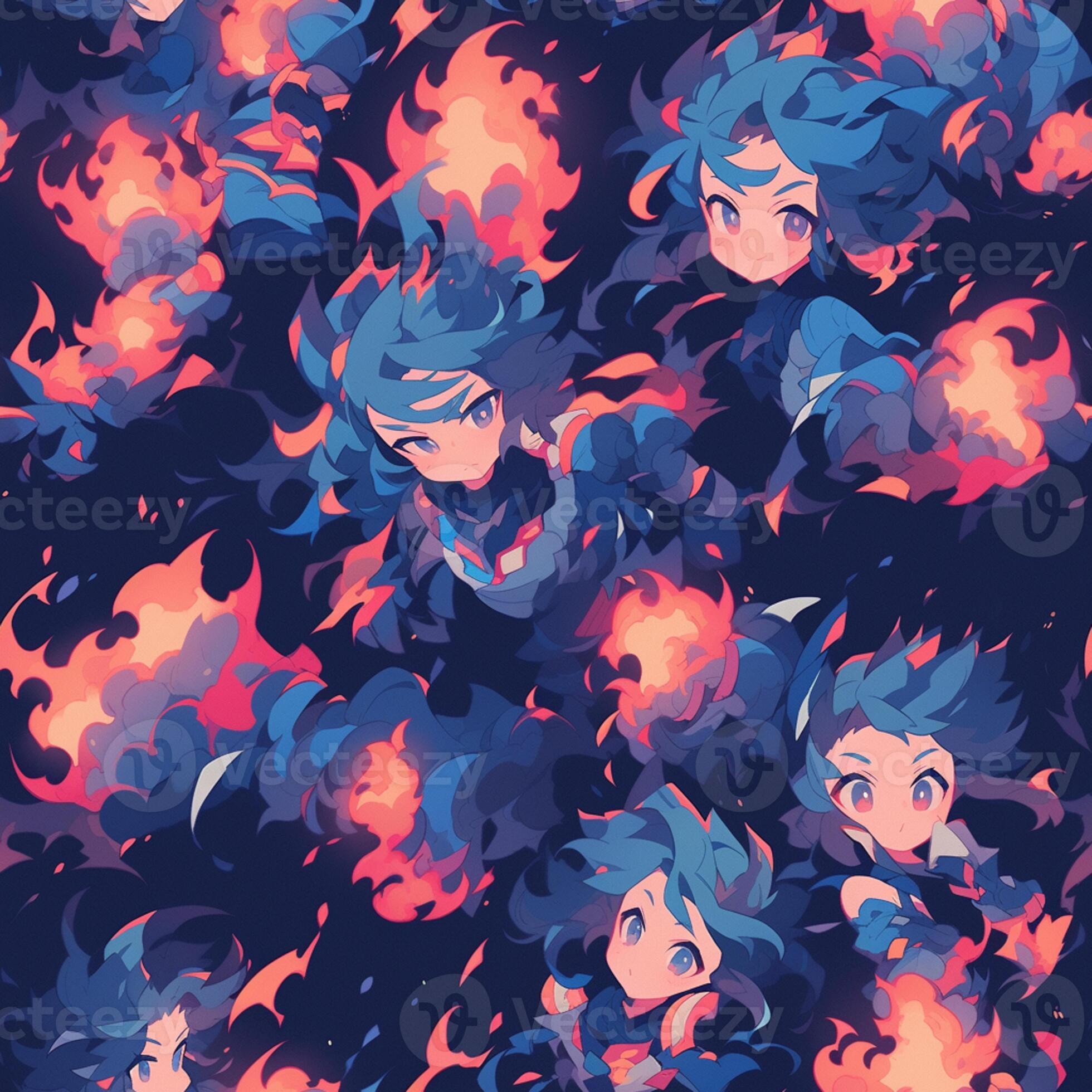 Dark anime character with glowing blue eyes surrounded by red flames