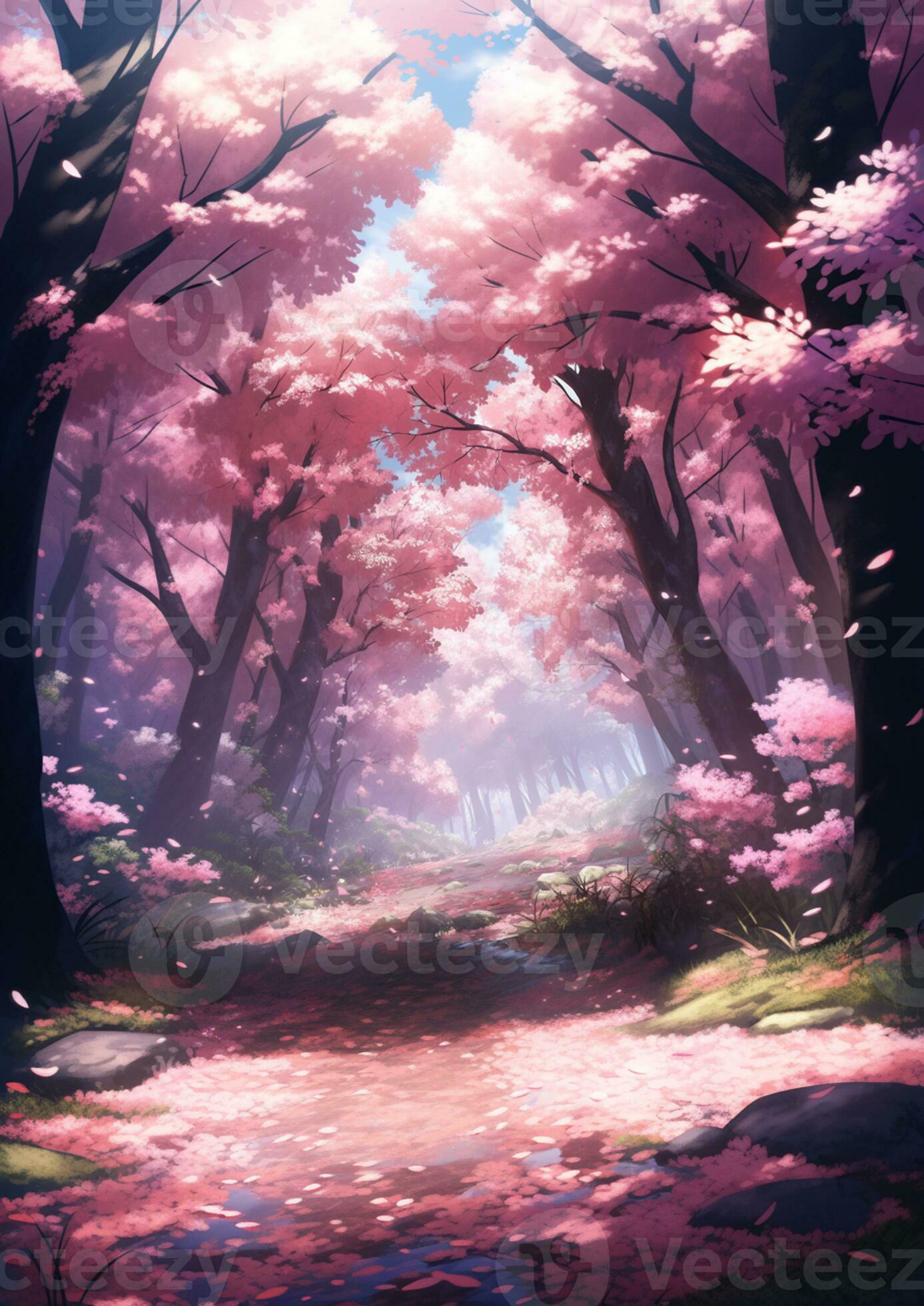 Beautiful anime Girl with pink hair flowers near flowering tree. Stock  Illustration | Adobe Stock