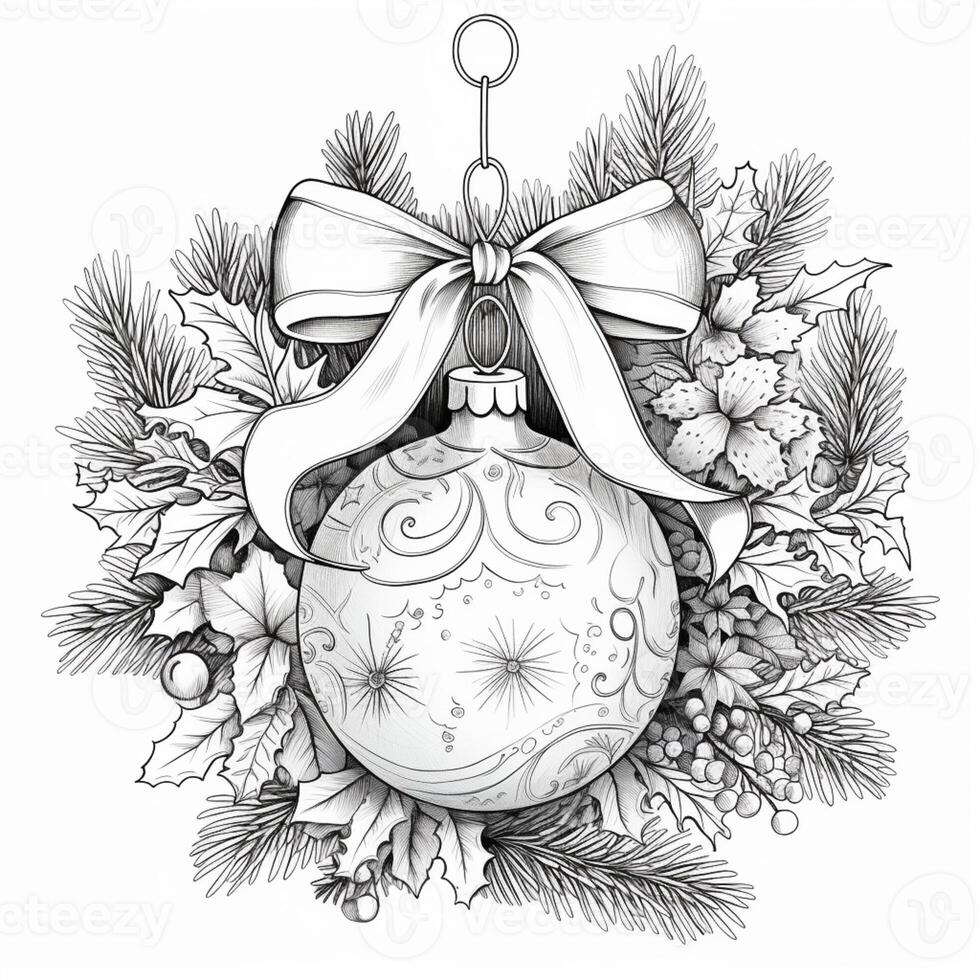 a black and white drawing of a christmas ornament with holly leaves and