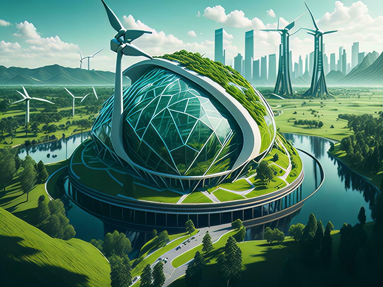 A utopian future where renewable energy sources power a sustainable world with lush green landscapes photo