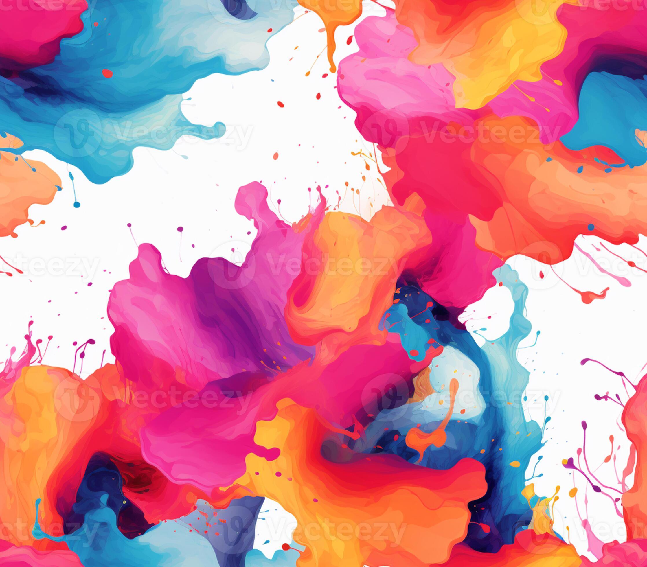 brightly colored paint splashs are being mixed together on a white