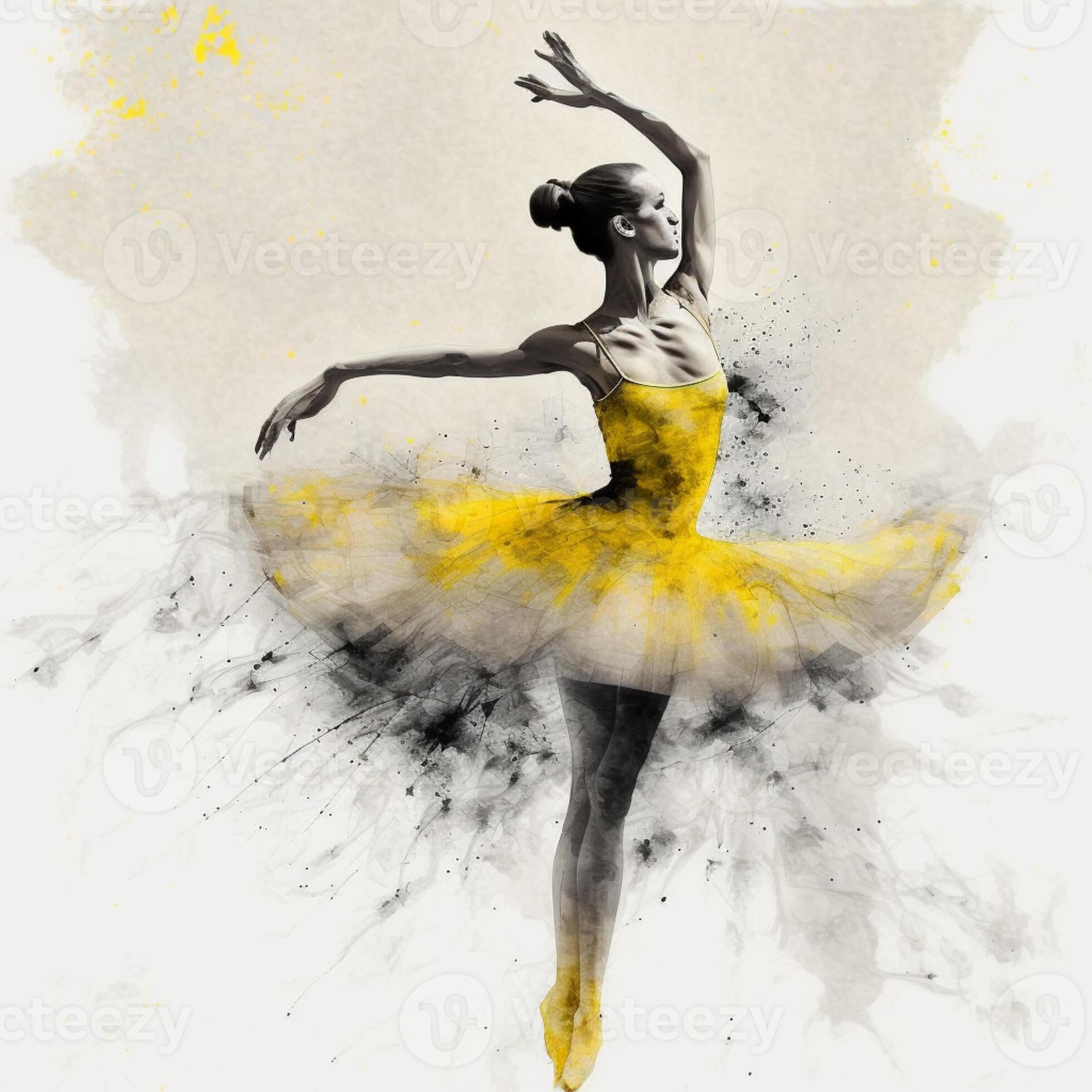 painting of a ballerina in a yellow tutu and black and white background