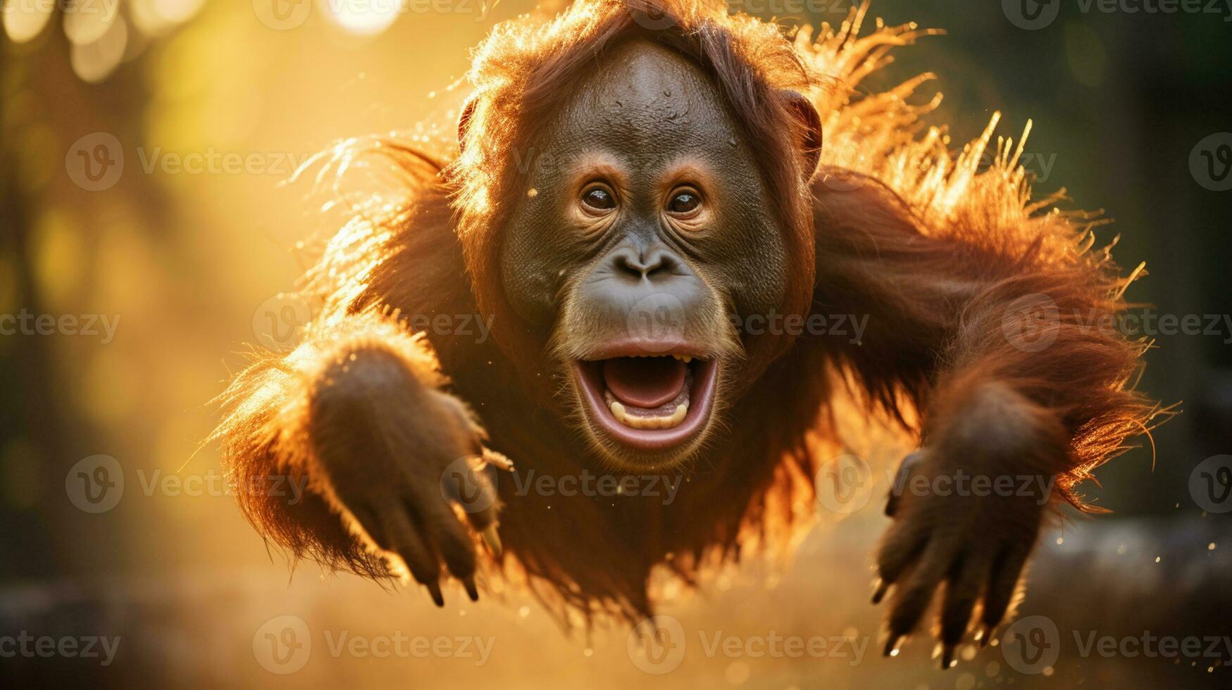 there is a very large oranguel monkey that is jumping in the air. generative ai. photo