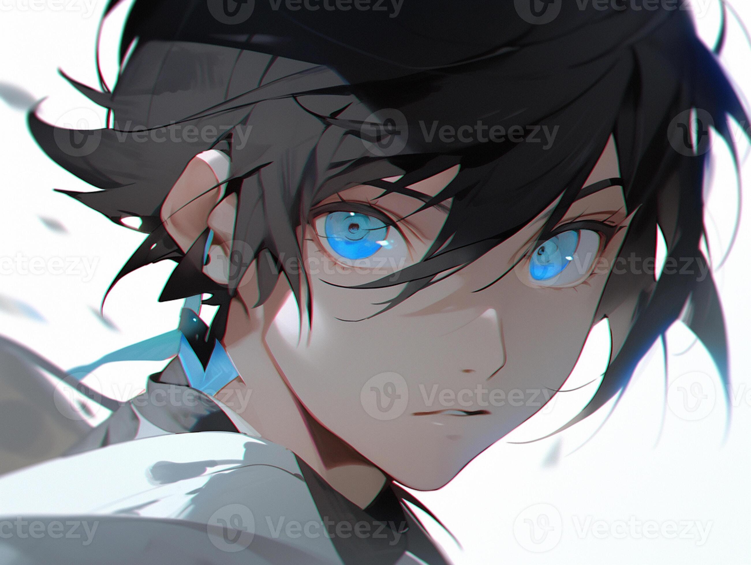 anime boy with blue eyes and black hair staring at the camera