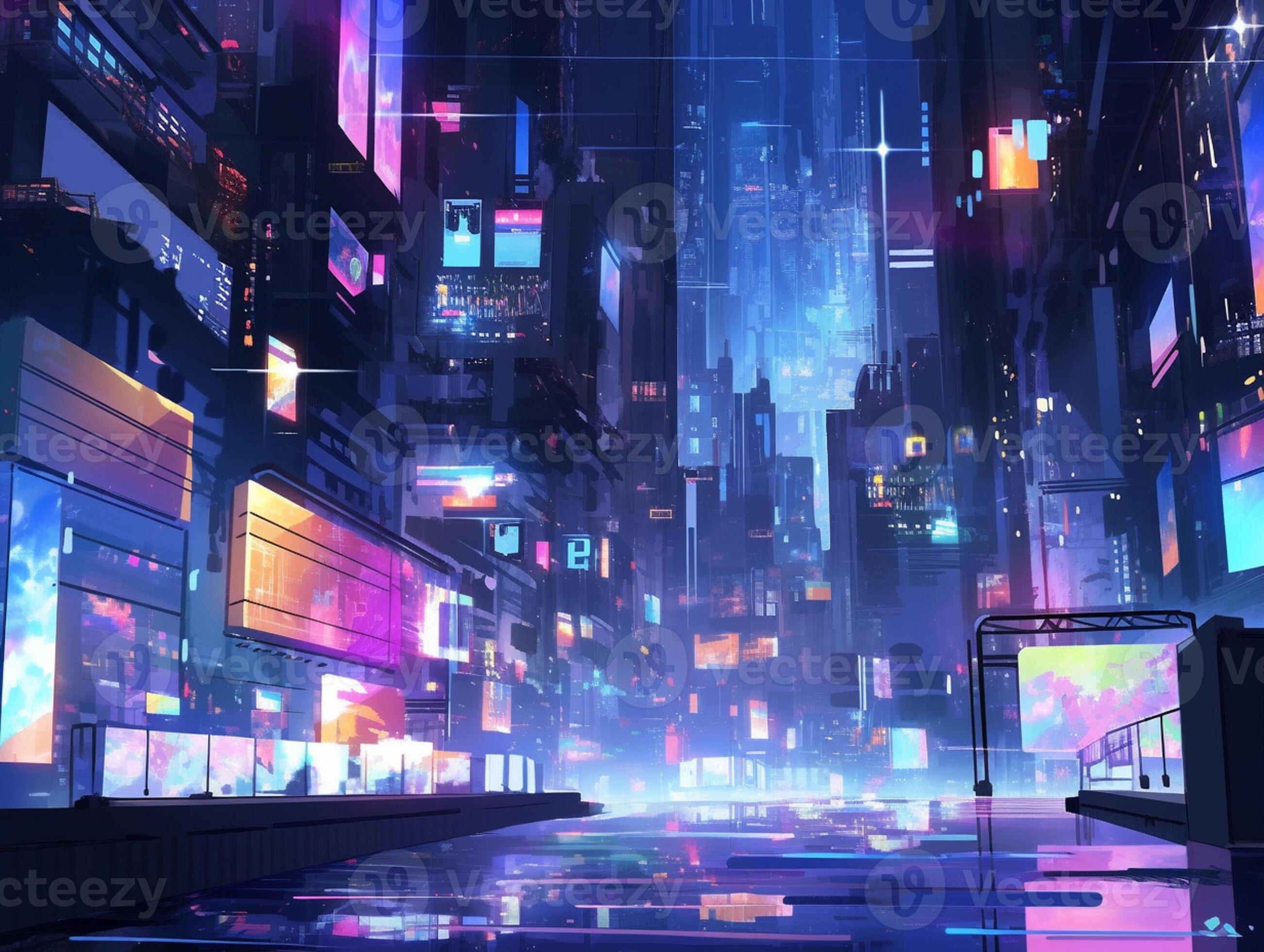 The neon-lit streets of a cyberpunk anime night city with this