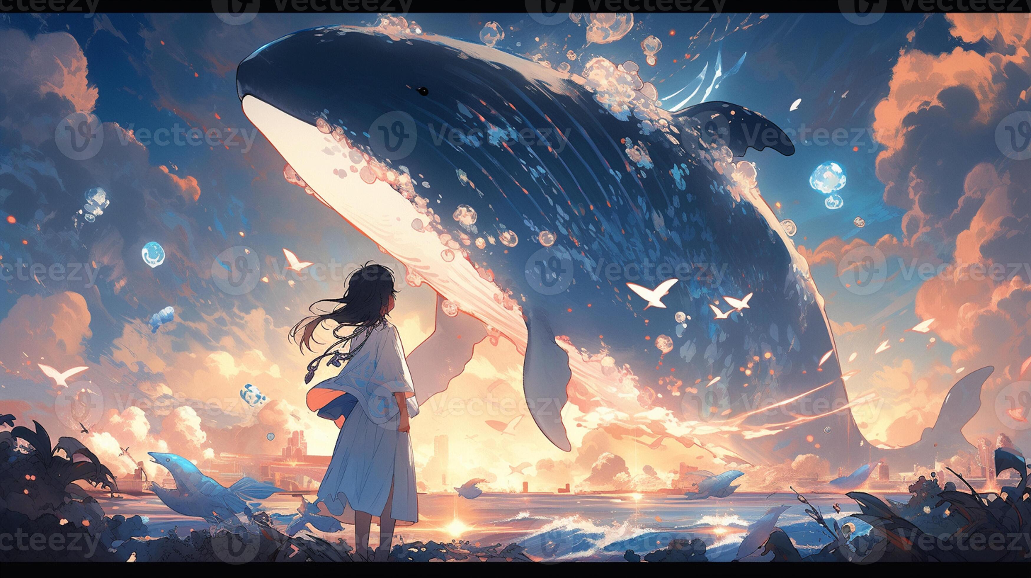 anime girl looking at a whale in the ocean with birds flying around.  generative ai. 28462229 Stock Photo at Vecteezy