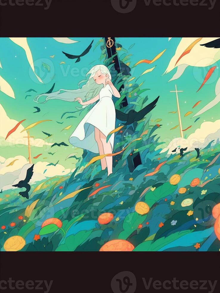 anime girl swinging on a swing with a lot of birds flying around.  generative ai. 28514016 Stock Photo at Vecteezy