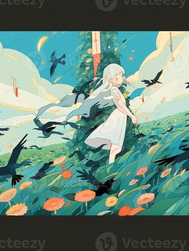 anime girl swinging on a swing with a lot of birds flying around.  generative ai. 28514016 Stock Photo at Vecteezy