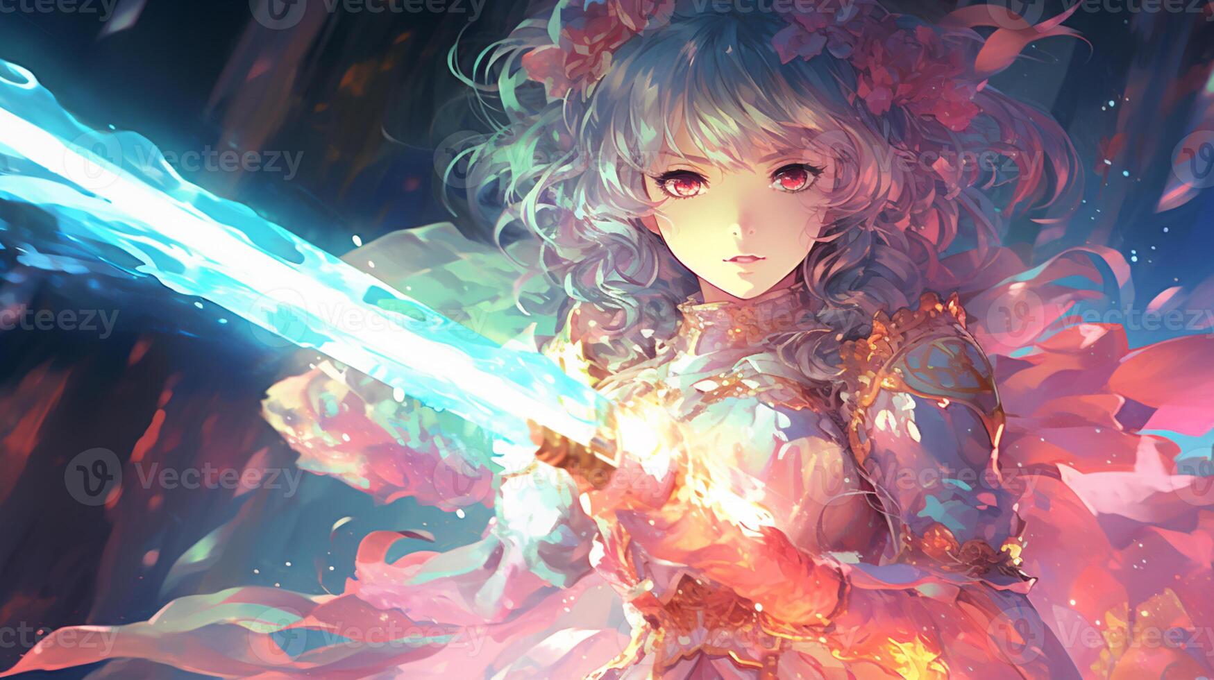 Kawaii anime girl with Sword created with generative AI technology