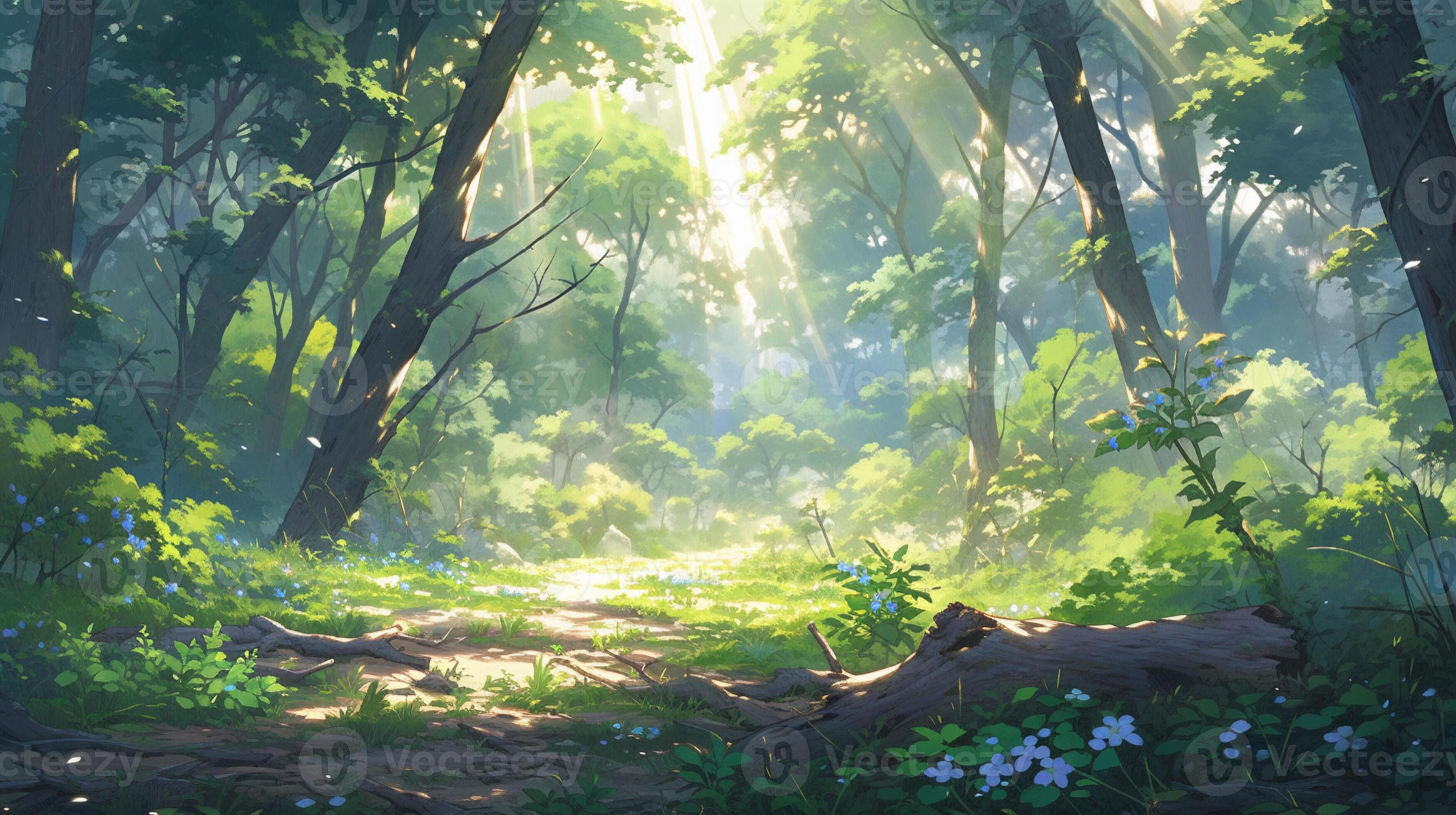 anime scenery of a forest with a path and flowers. generative ai