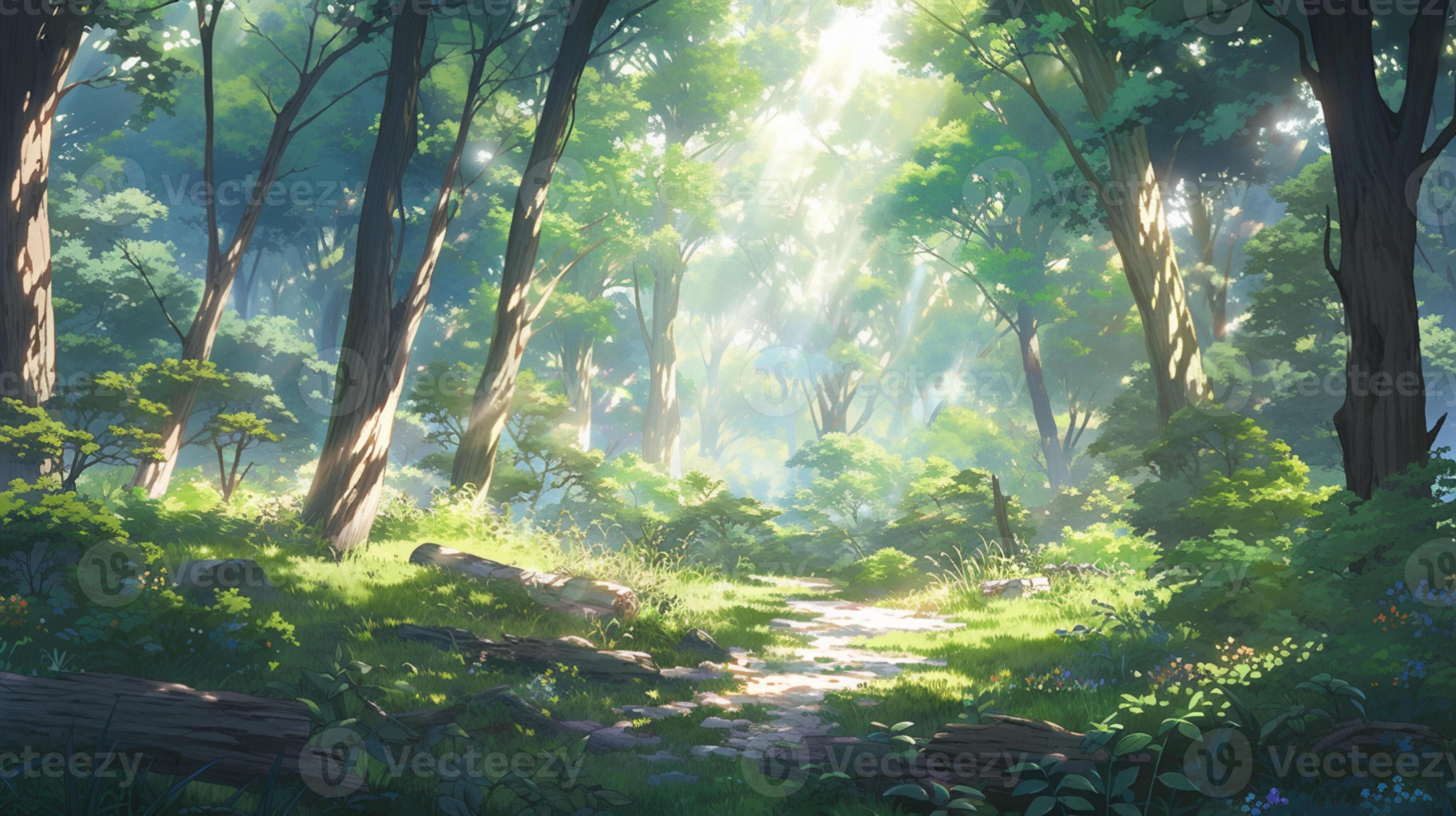 anime scenery of a forest with a path and flowers. generative ai