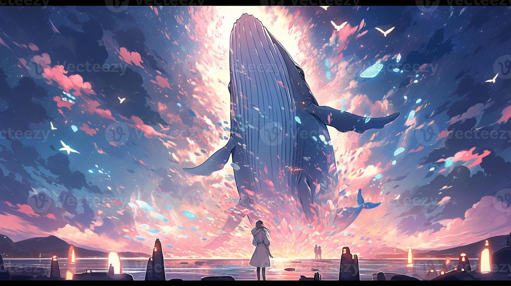 anime girl looking at a whale in the ocean with birds flying around.  generative ai. 28462229 Stock Photo at Vecteezy