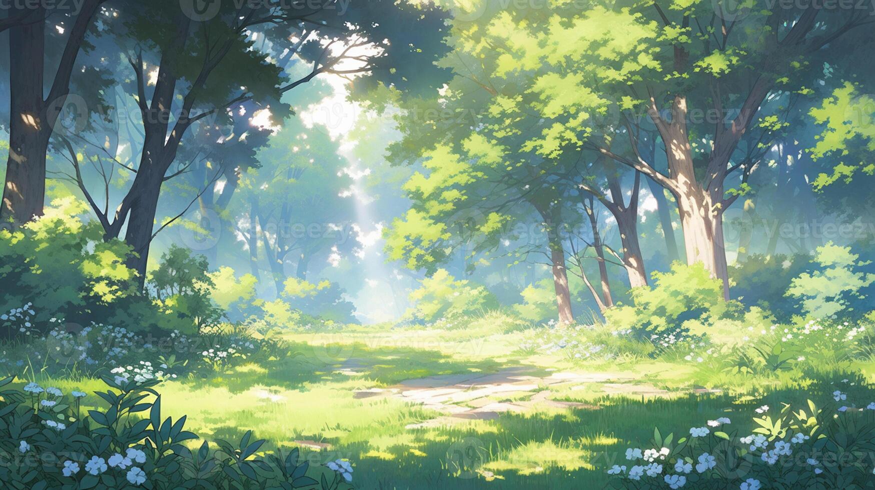 anime scenery of a forest with a path and flowers. generative ai