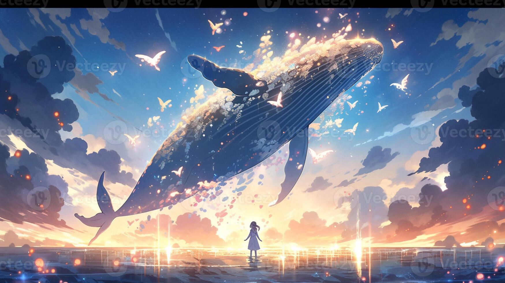 anime girl looking at a whale in the ocean with birds flying around.  generative ai. 28462229 Stock Photo at Vecteezy