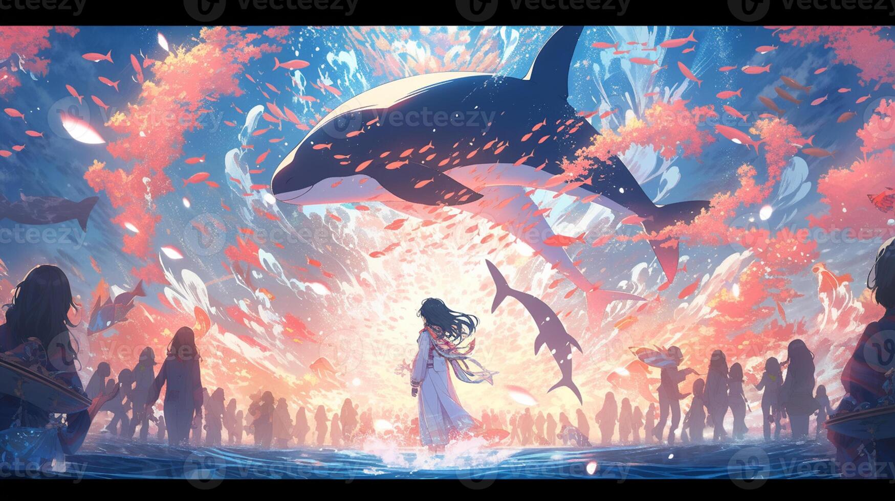 anime girl looking at a whale in the ocean with birds flying around.  generative ai. 28462229 Stock Photo at Vecteezy