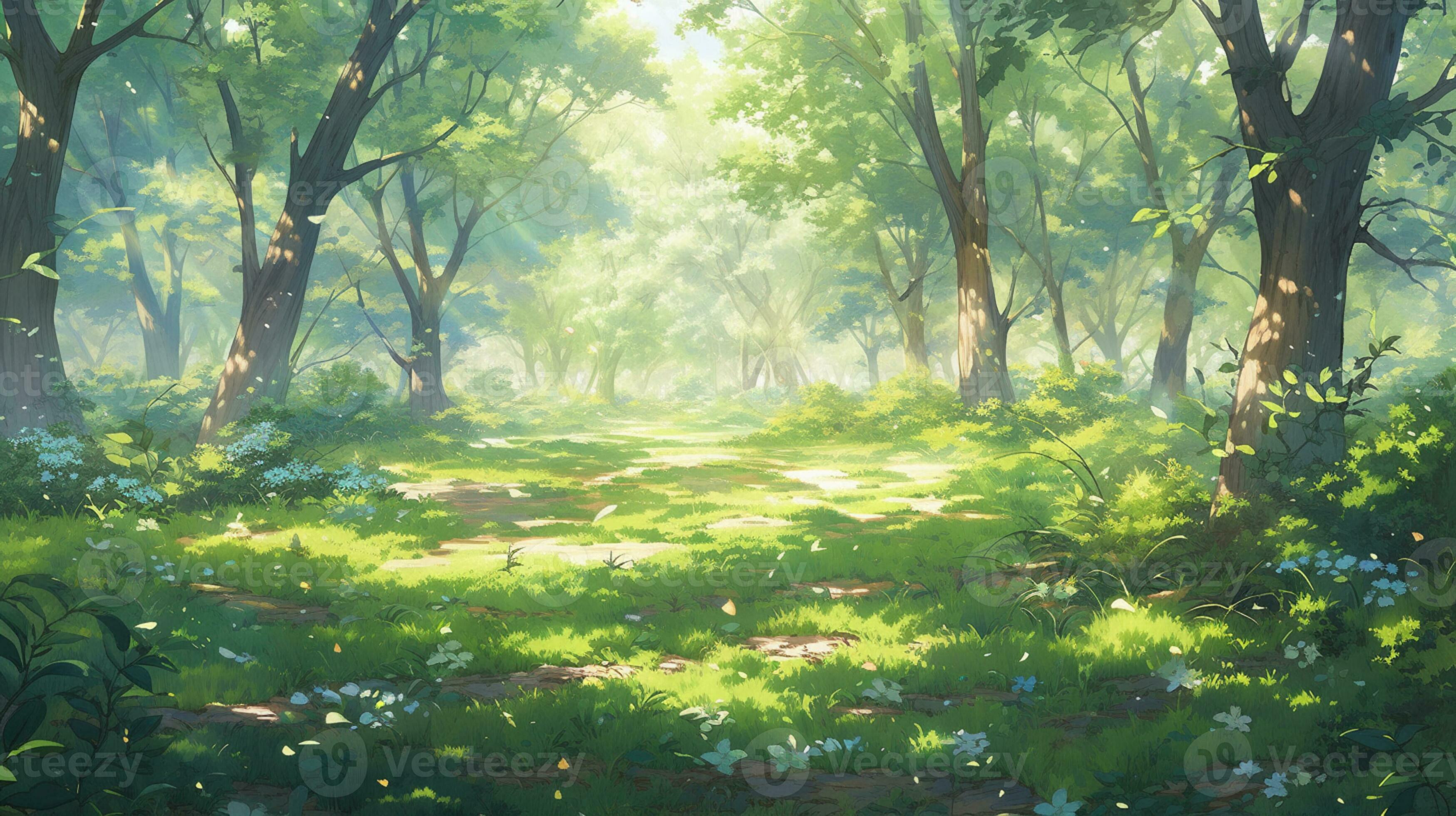 anime scenery of a forest with a path and trees. generative ai