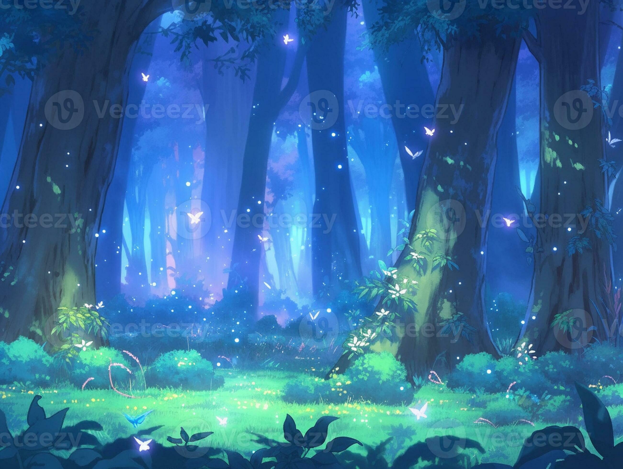 animê cenário do uma floresta com uma raio de Sol e flores generativo ai.  28462476 Foto de stock no Vecteezy