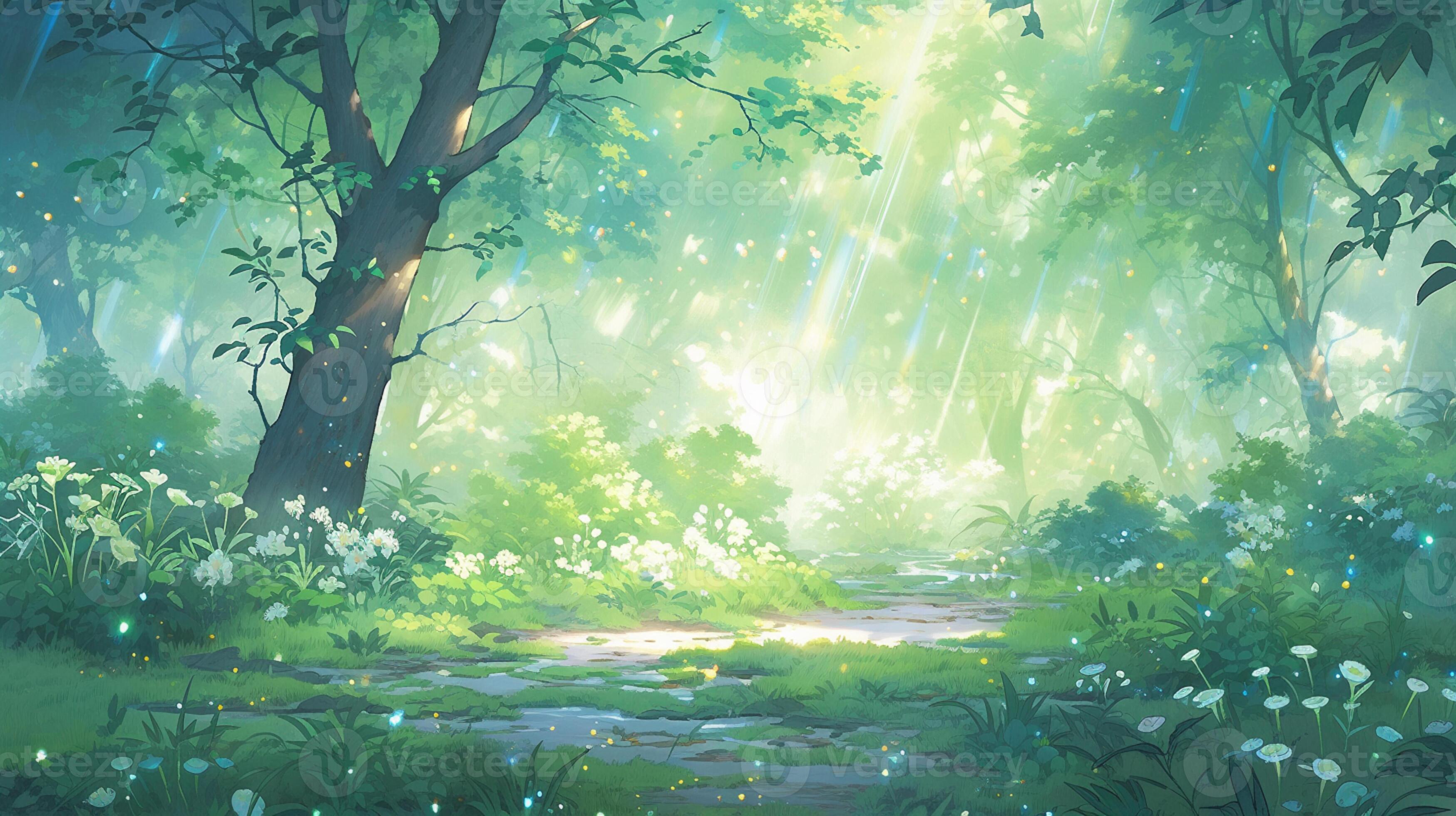 anime scenery of a forest with a path and flowers. generative ai