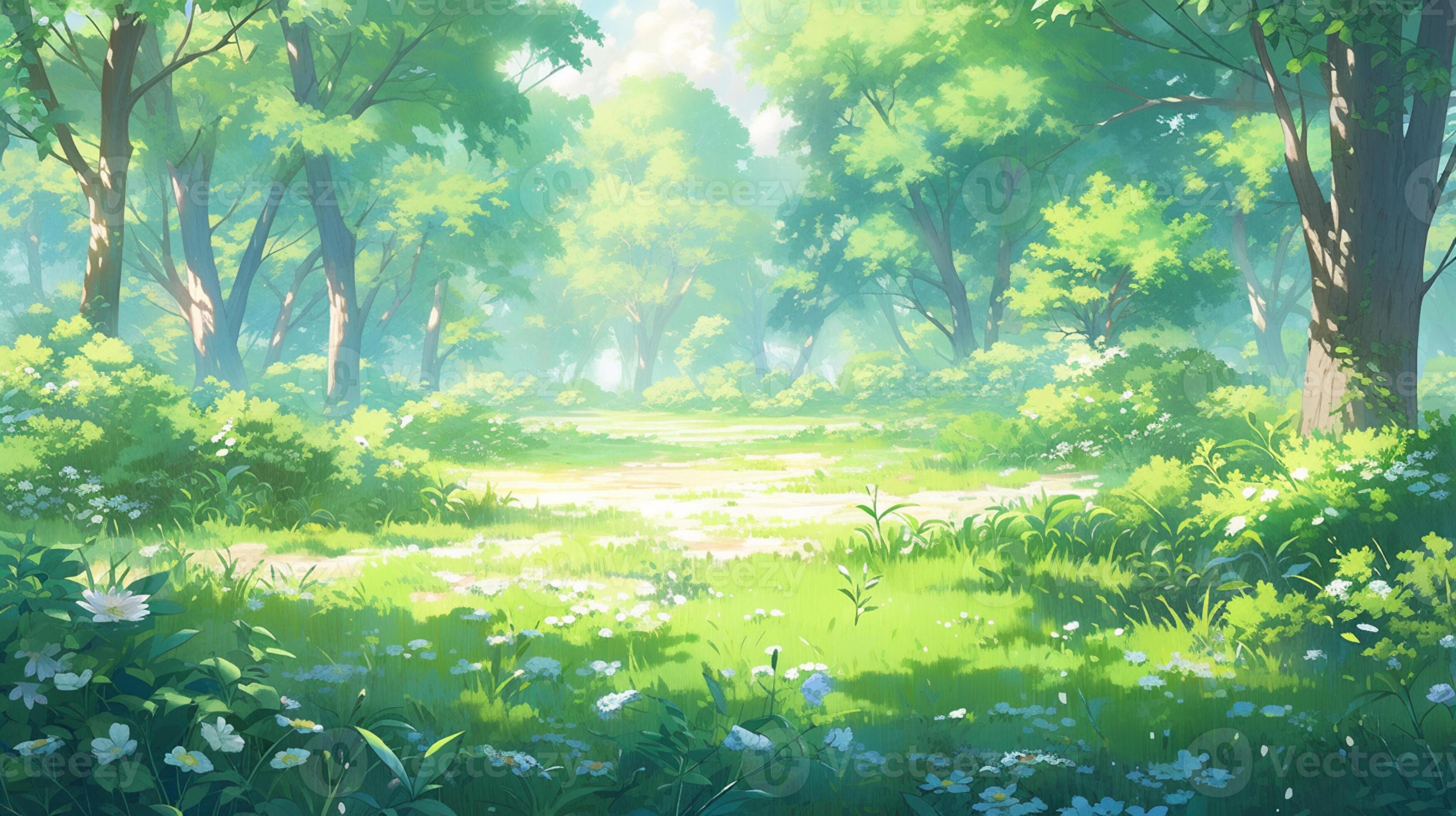 anime scenery of a forest with a path and flowers. generative ai