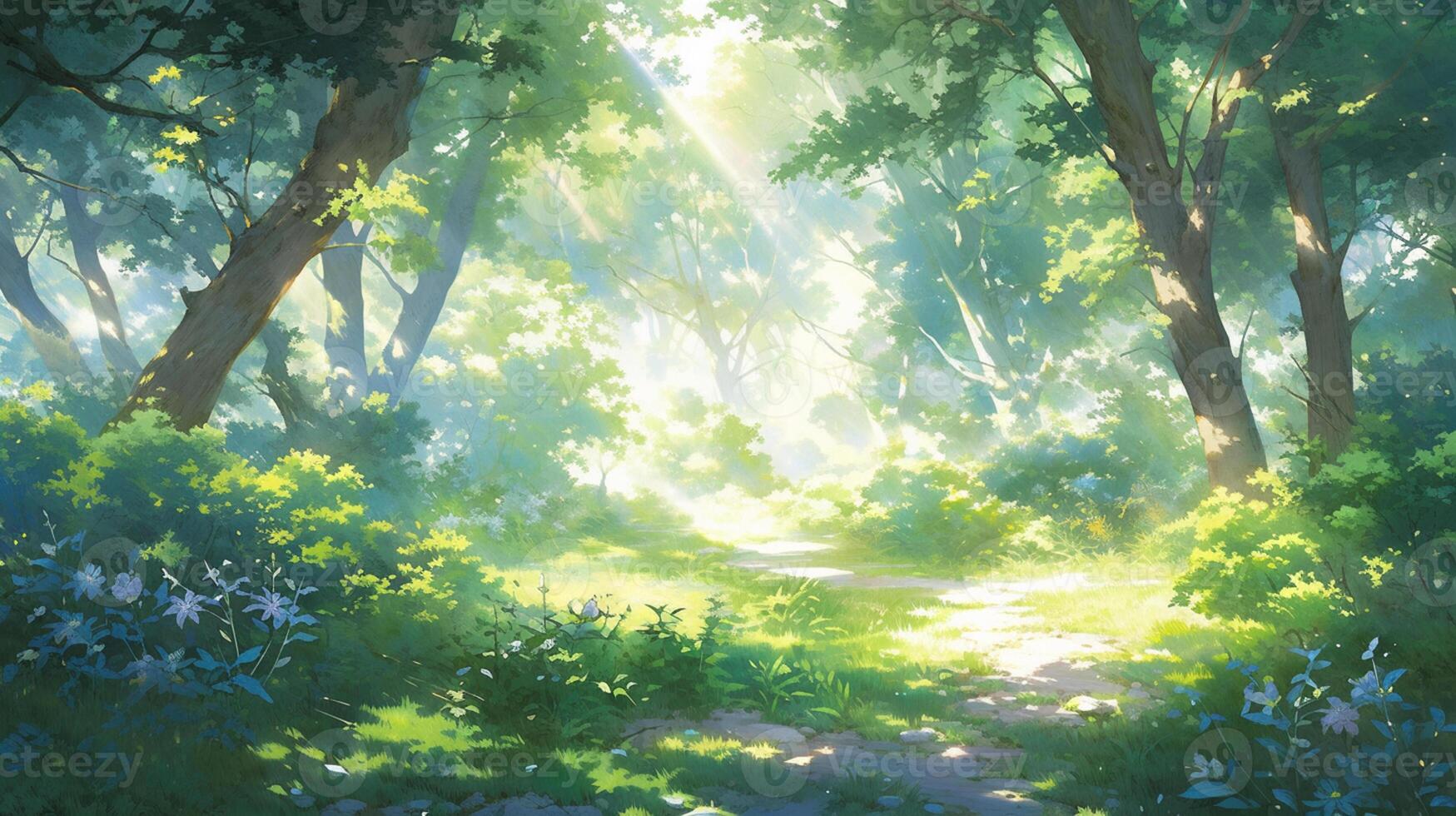 anime scenery of a forest with a path and flowers. generative ai