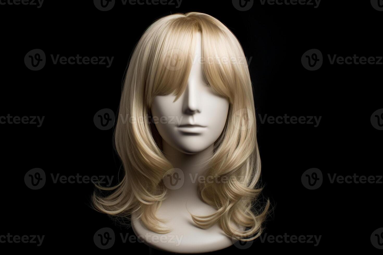 blond wig with bangs on a mannequin head on a black background