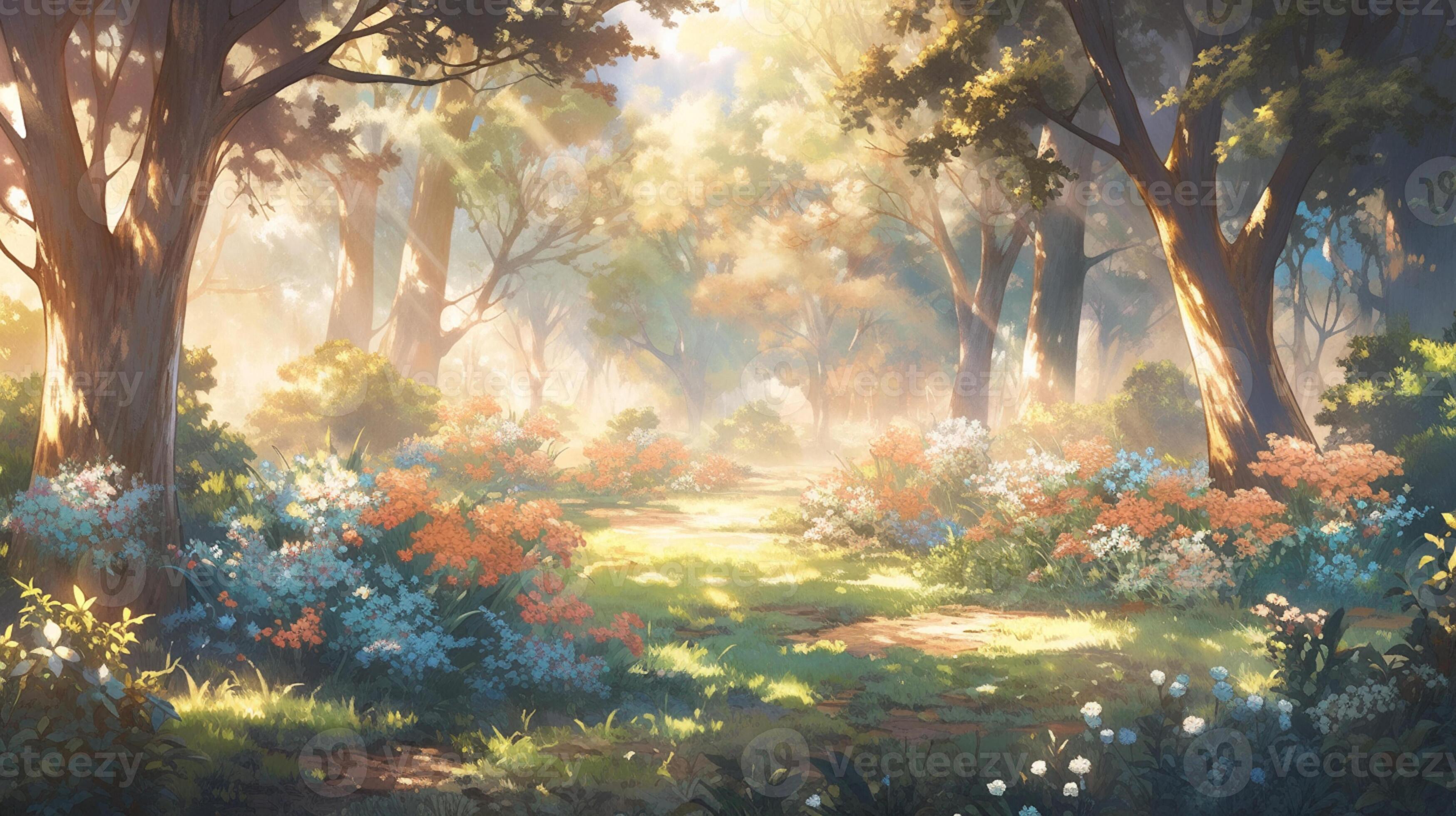 anime scenery of a forest with a path and flowers. generative ai