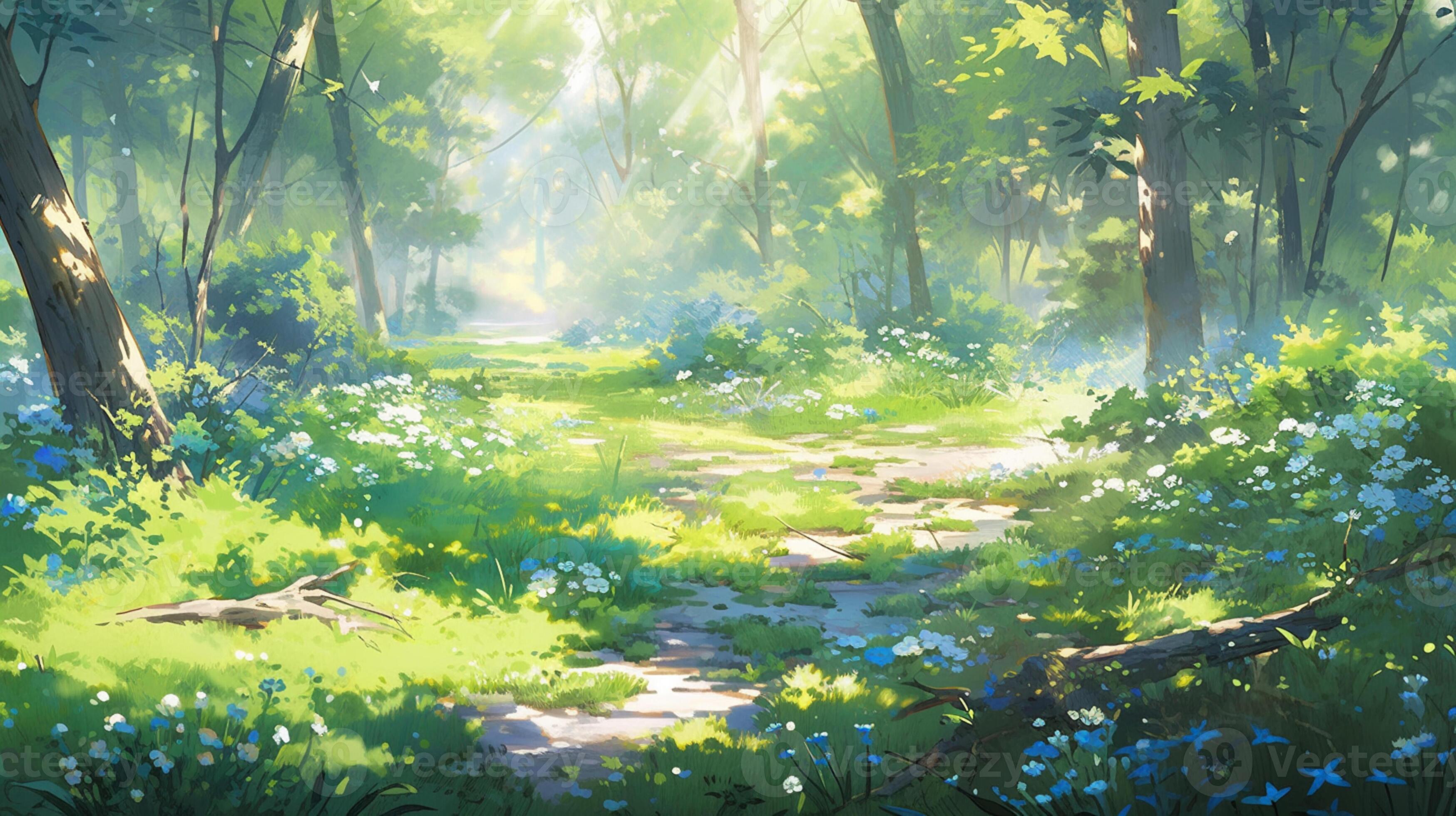 anime scenery of a forest with a path and flowers. generative ai