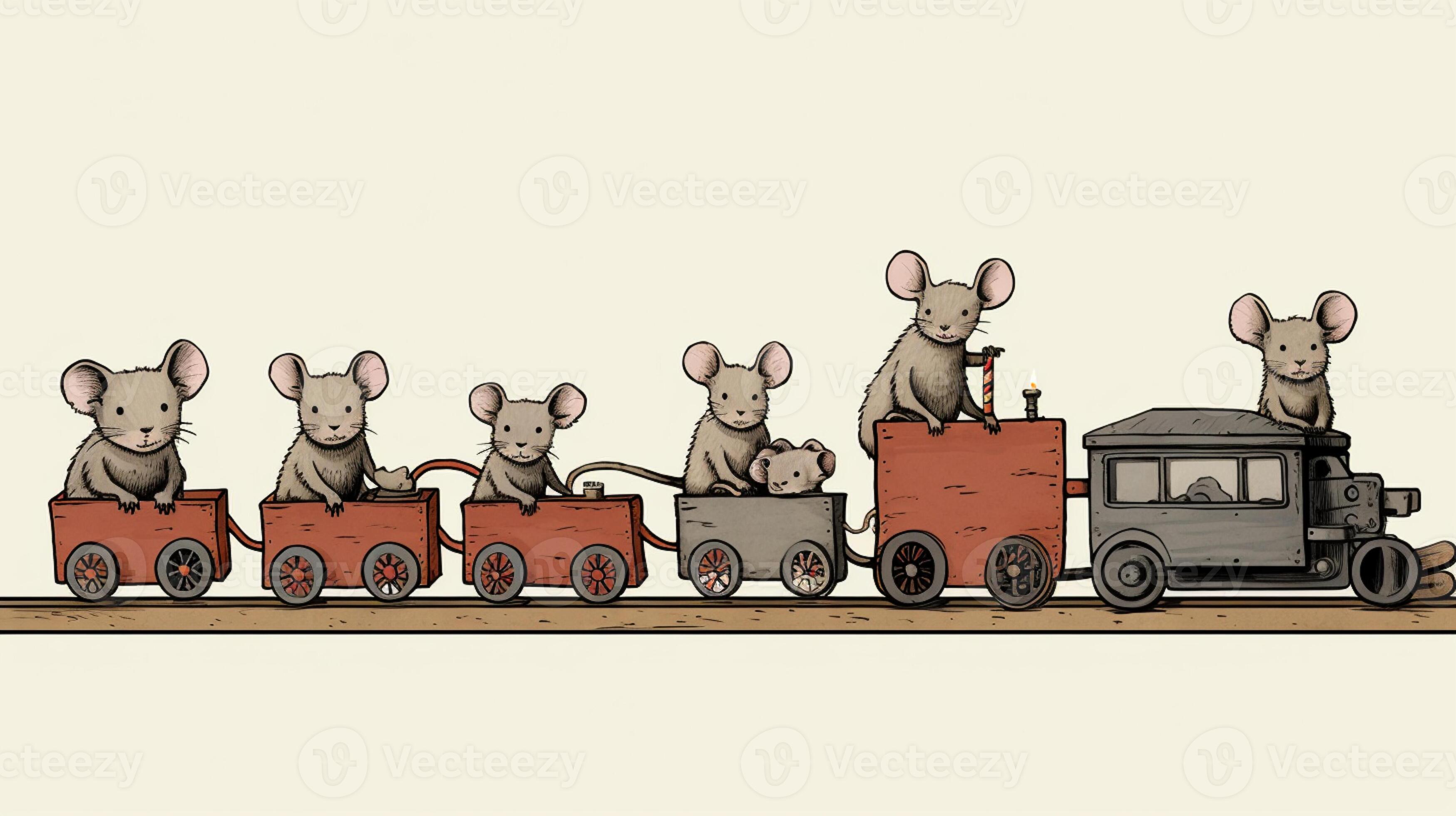 there are four mice riding on a train with a car. generative ai