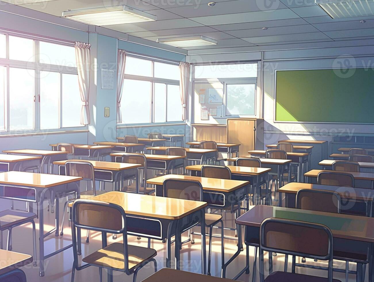 Premium AI Image  Anime background of a classroom with desks and