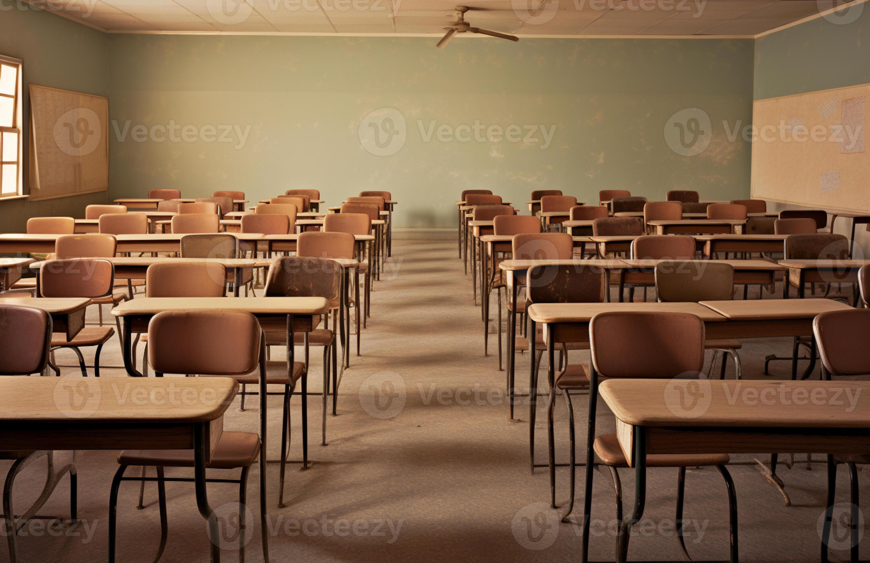 there are many desks and chairs in this classroom with a white board