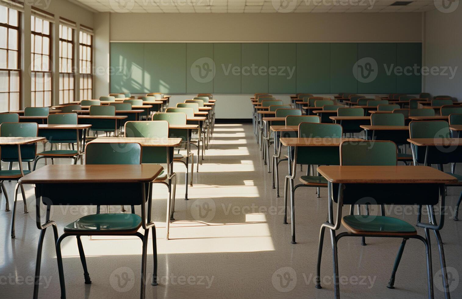 there are many desks and chairs in this classroom with a chalkboard