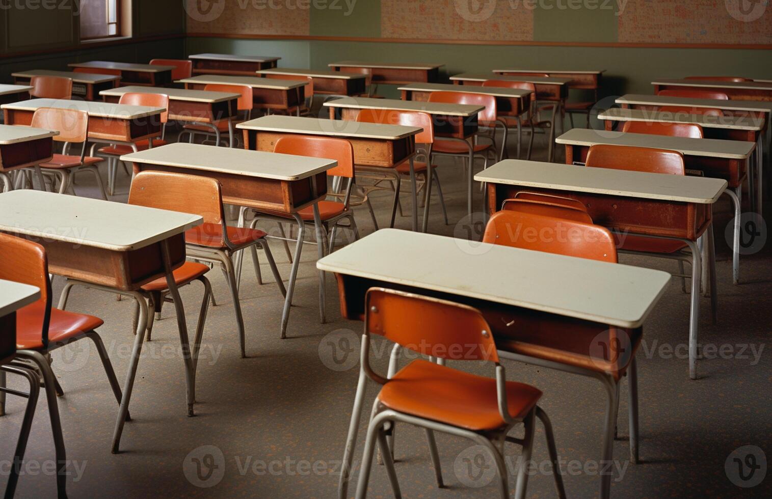 there are many desks and chairs in this classroom with a wall