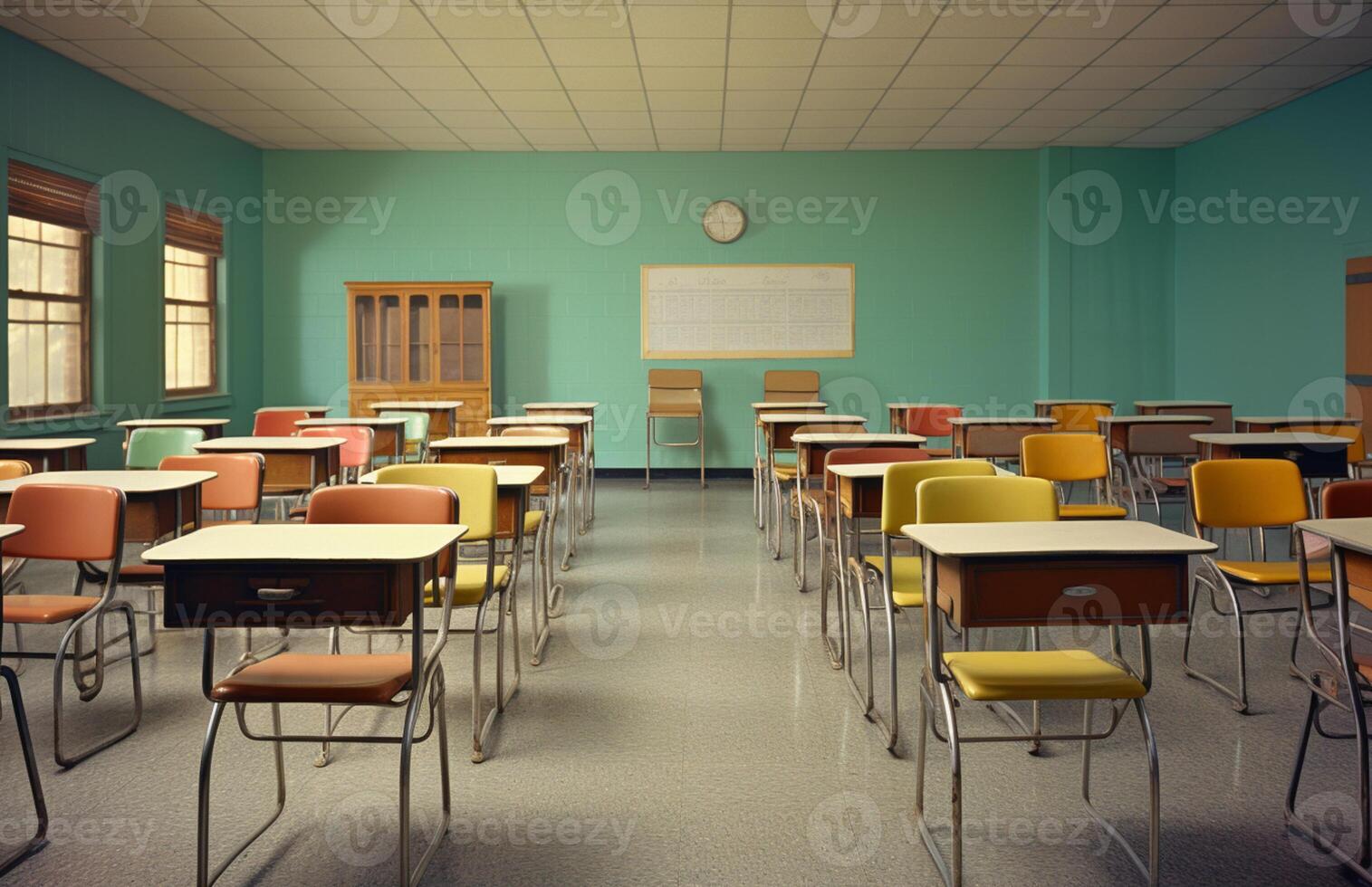 there are many desks and chairs in this classroom with a whiteboard