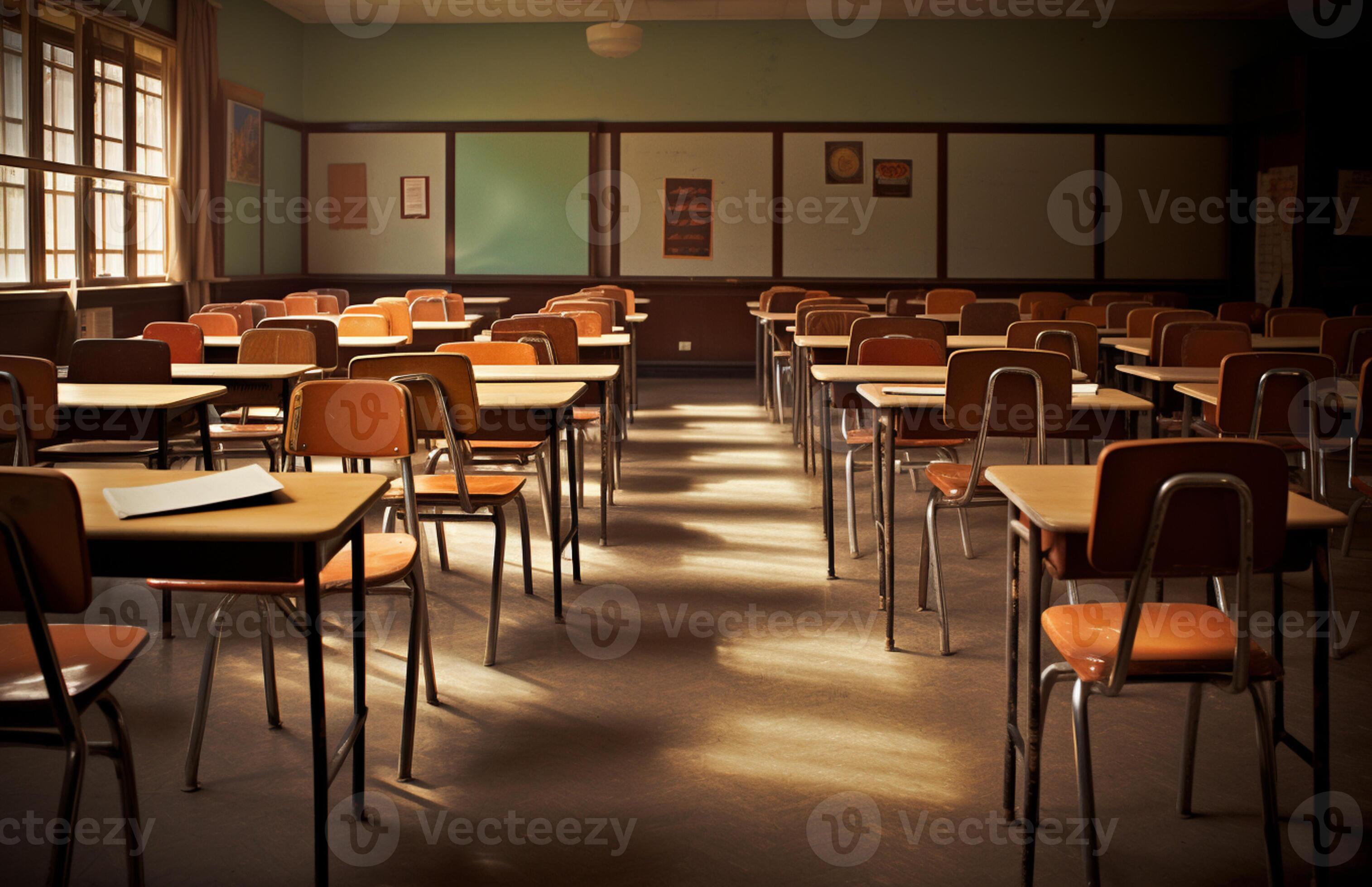 there are many desks and chairs in this classroom with a window