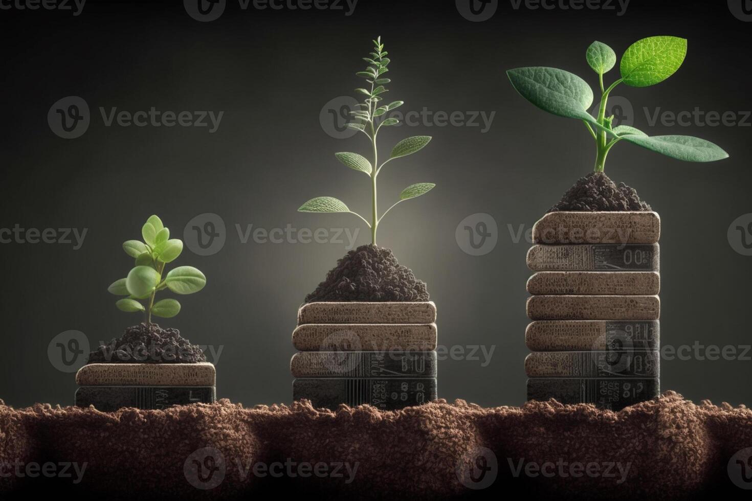 there are three stacks of books with plants growing out of them