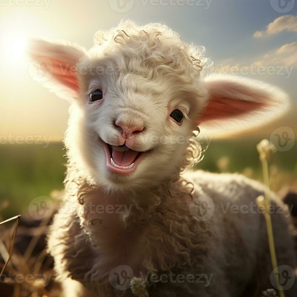 there is a lamb that is smiling in the field. generative ai. photo