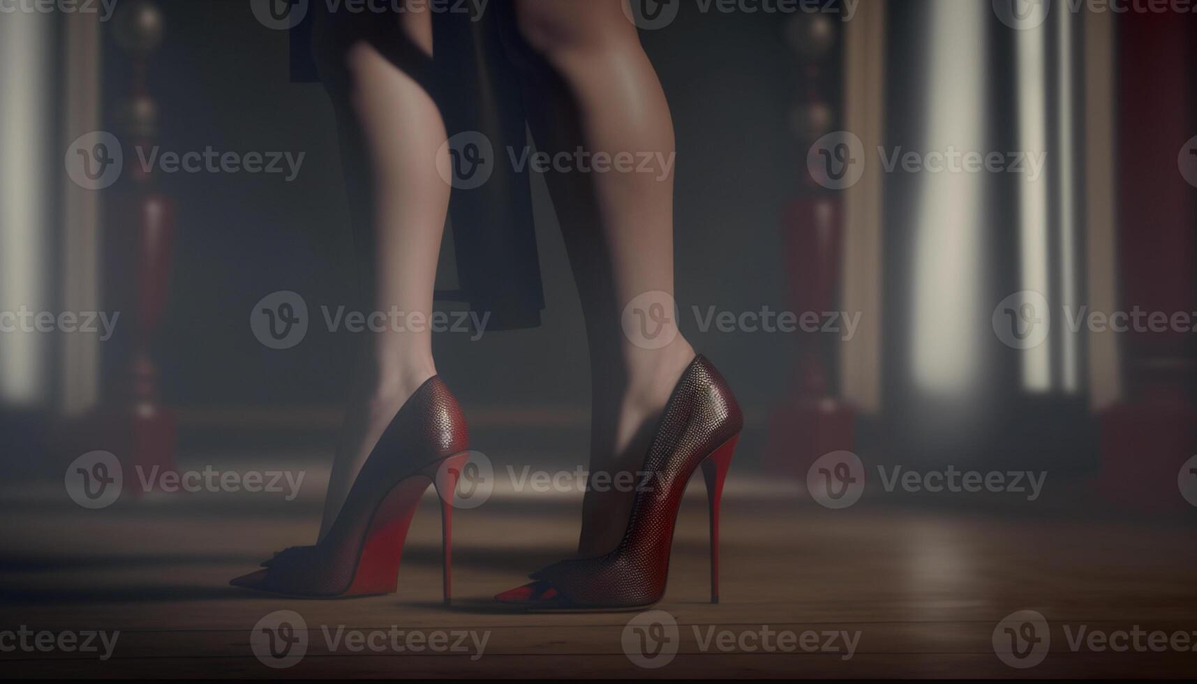 Woman legs in black high heel shoes and red dress Stock Photo by