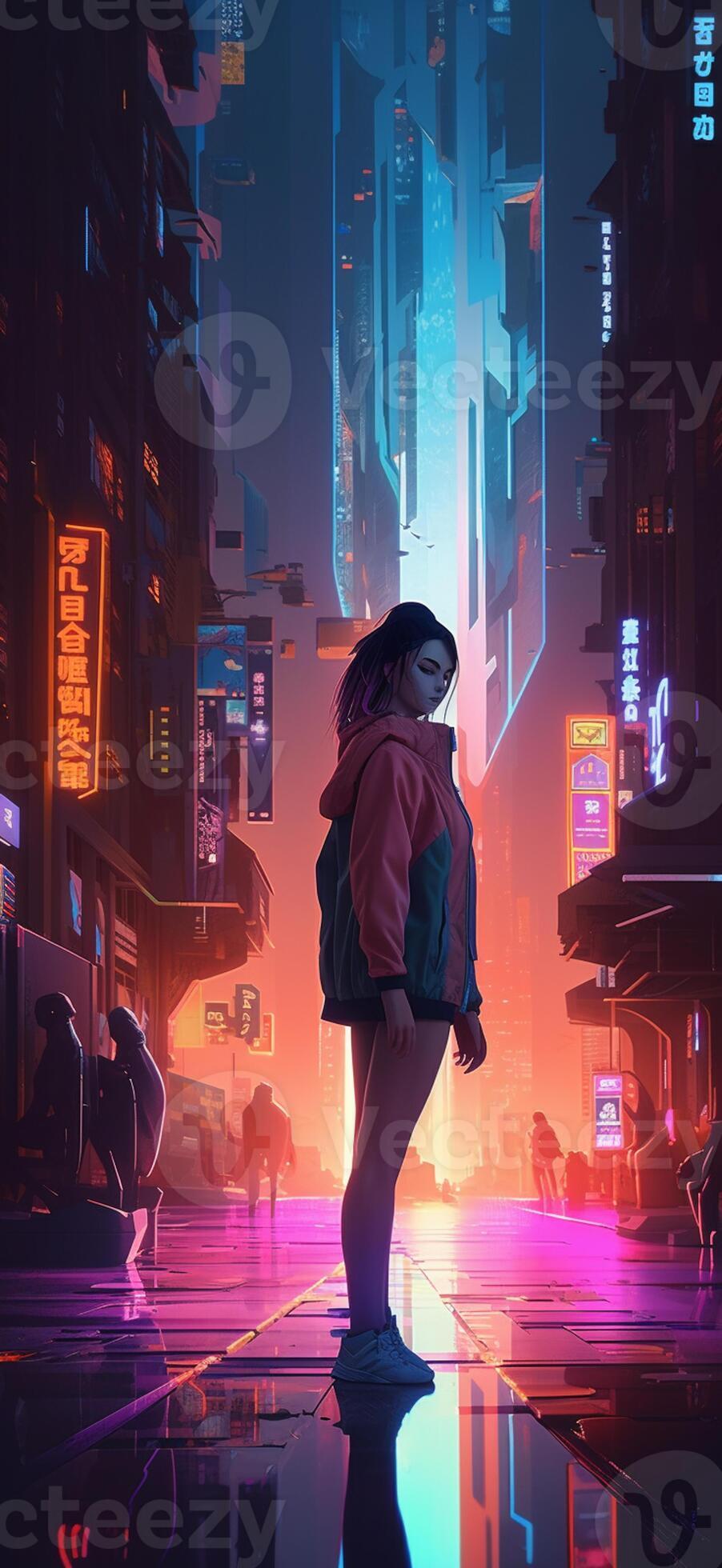 Anime, anime girls, cyberpunk, rain, standing, HD phone wallpaper